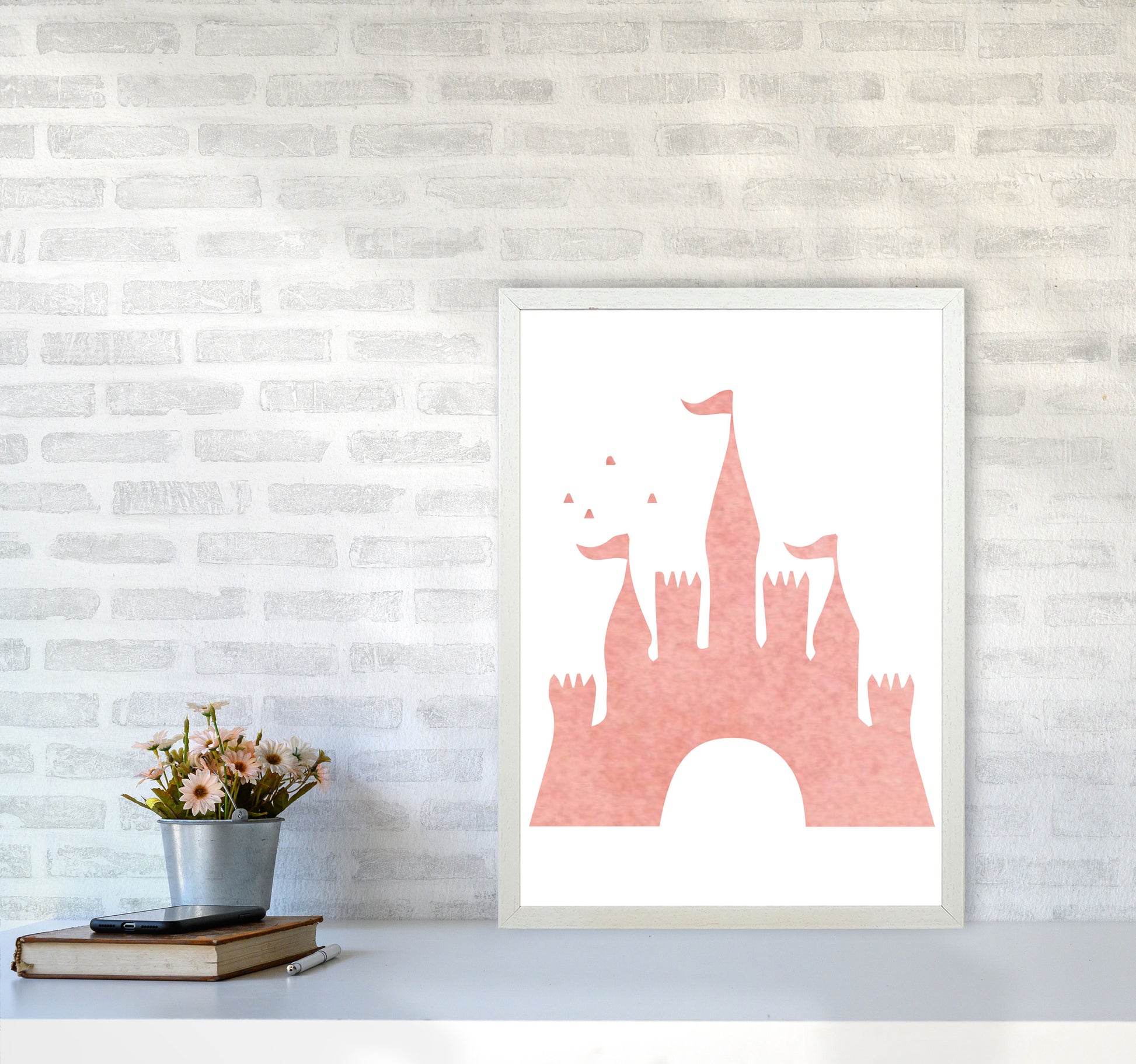 Peach Castle Watercolour Modern Print A2 Oak Frame