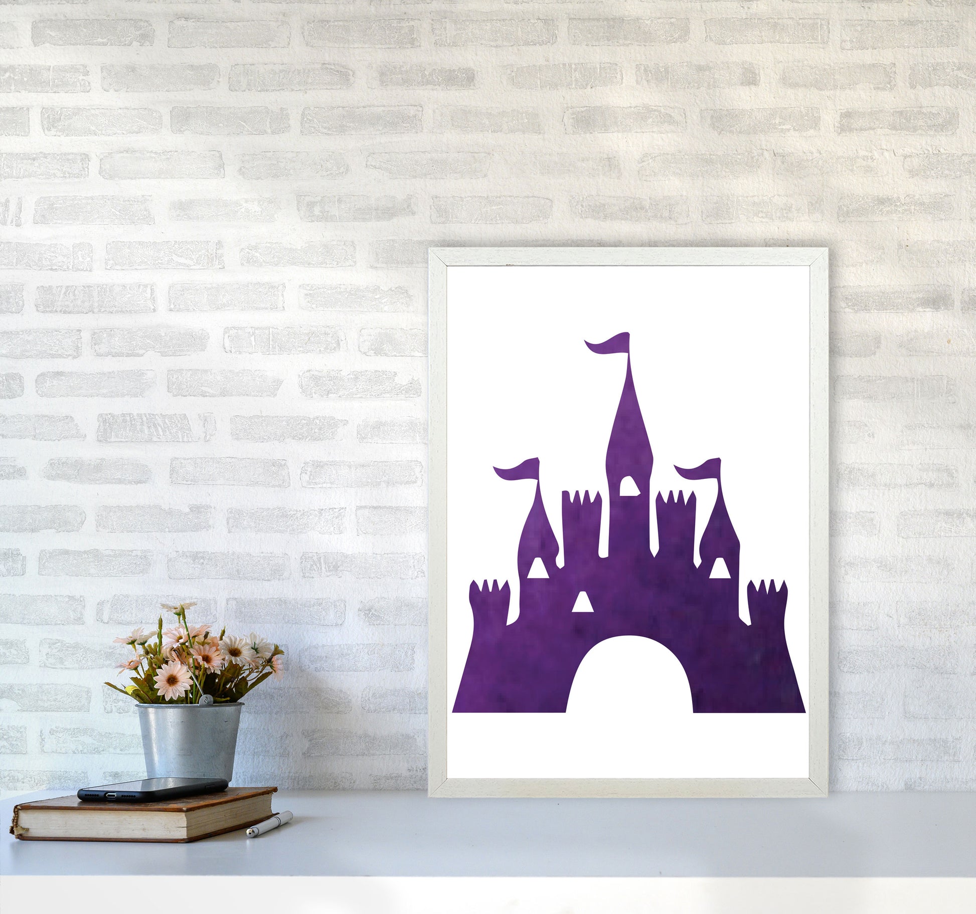 Purple Castle Watercolour Modern Print A2 Oak Frame