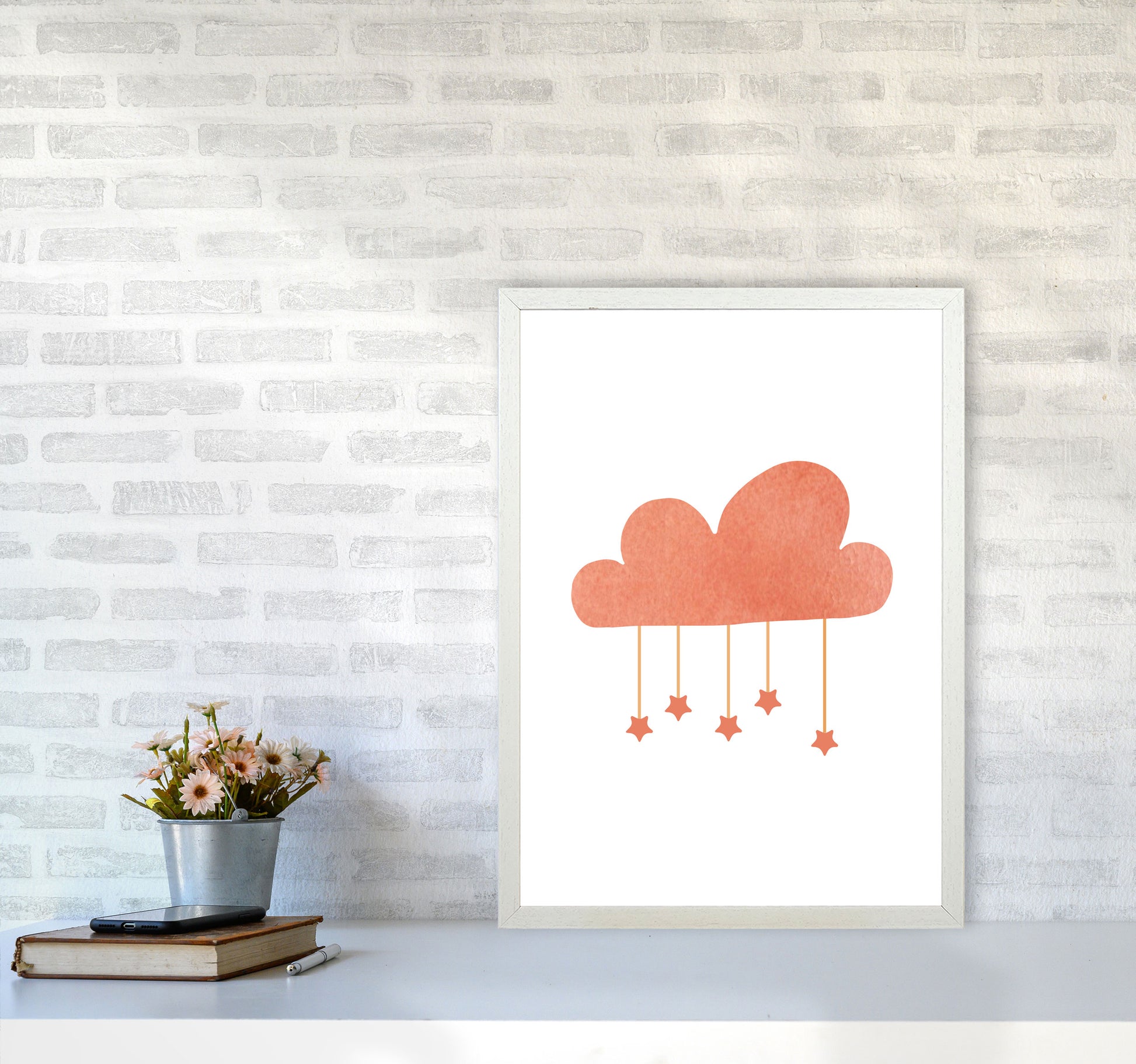Peach Cloud Watercolour Modern Print A2 Oak Frame