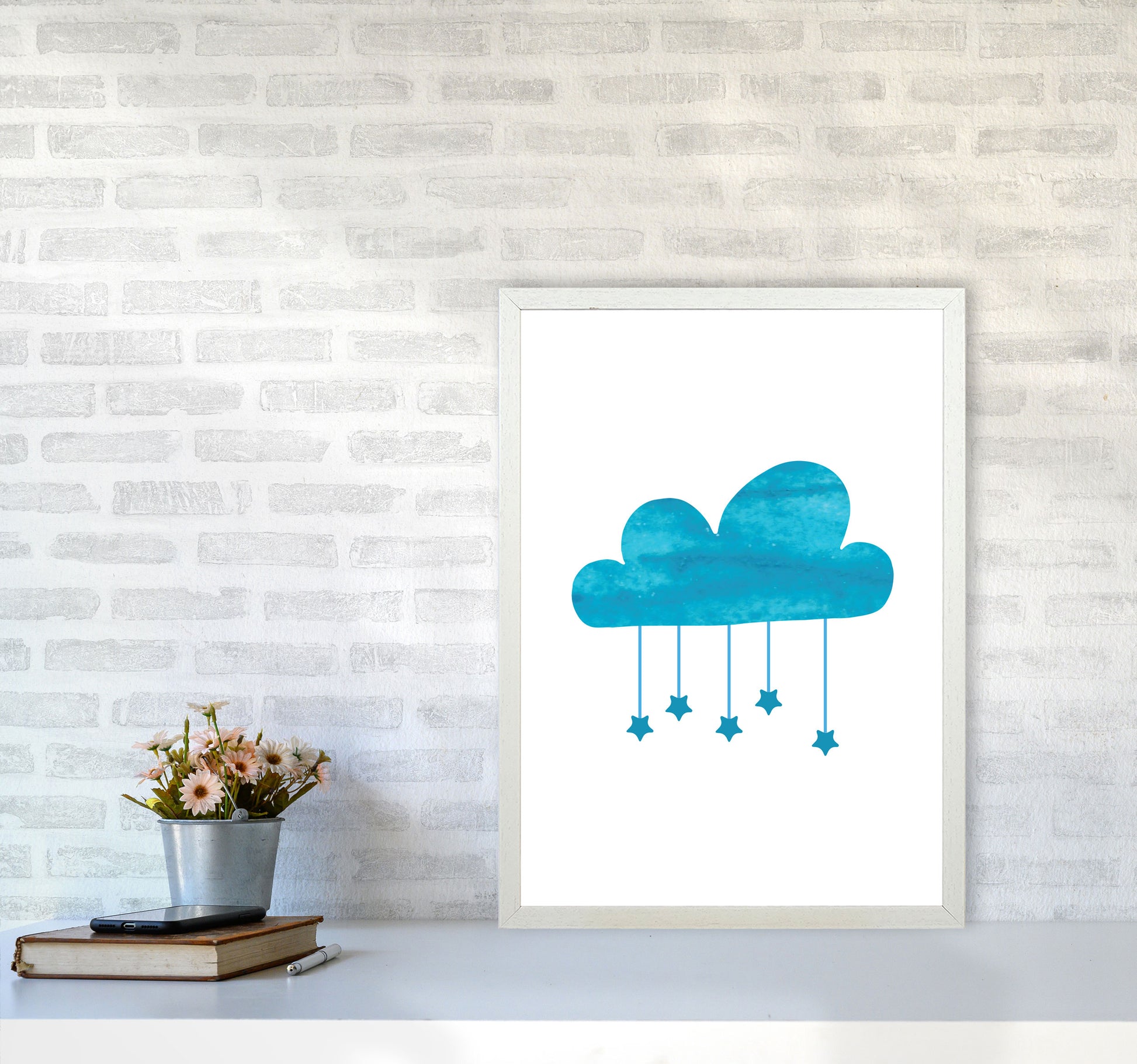 Turquoise Cloud Watercolour Modern Print A2 Oak Frame