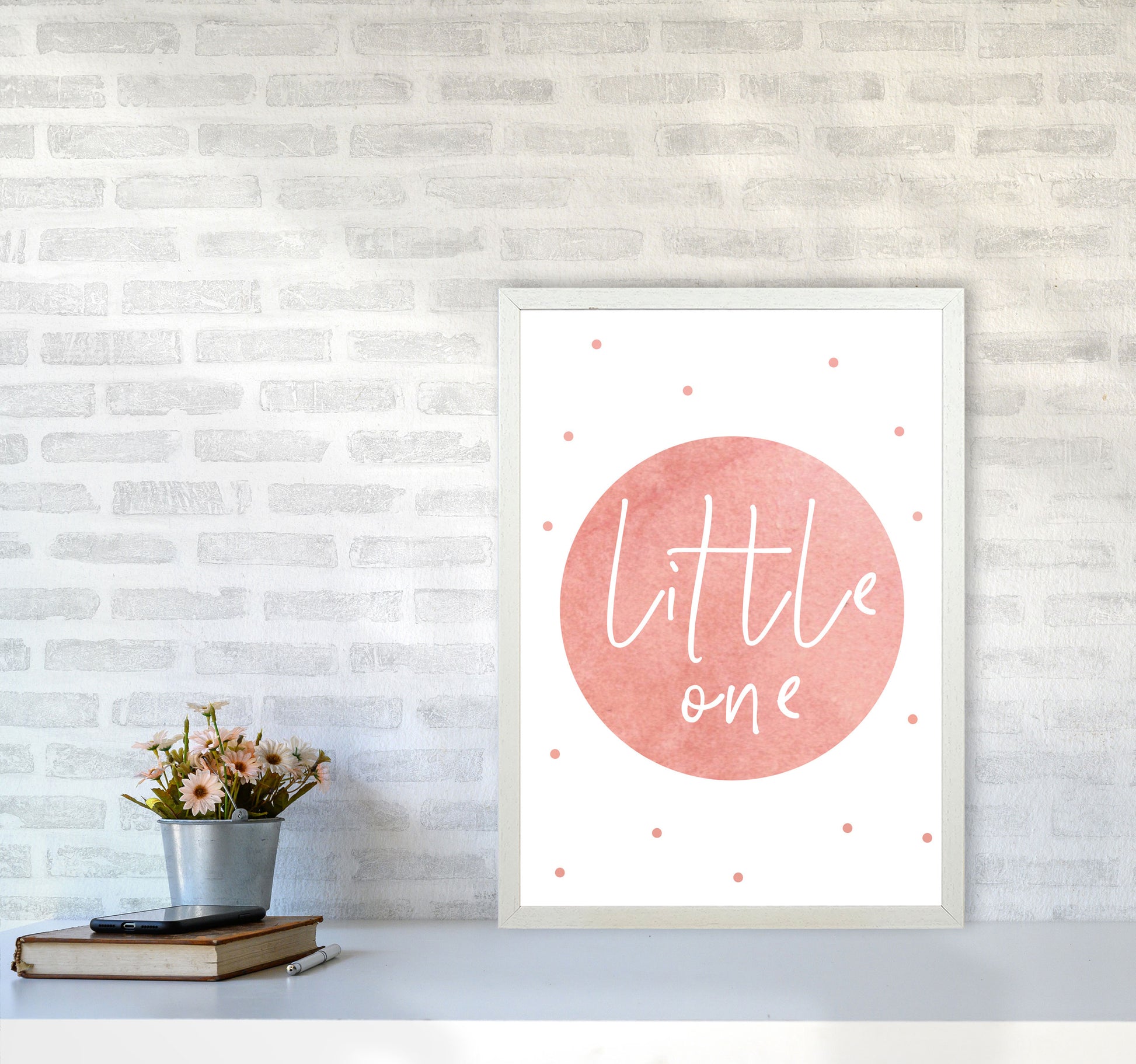 Little One Peach Watercolour Modern Print A2 Oak Frame