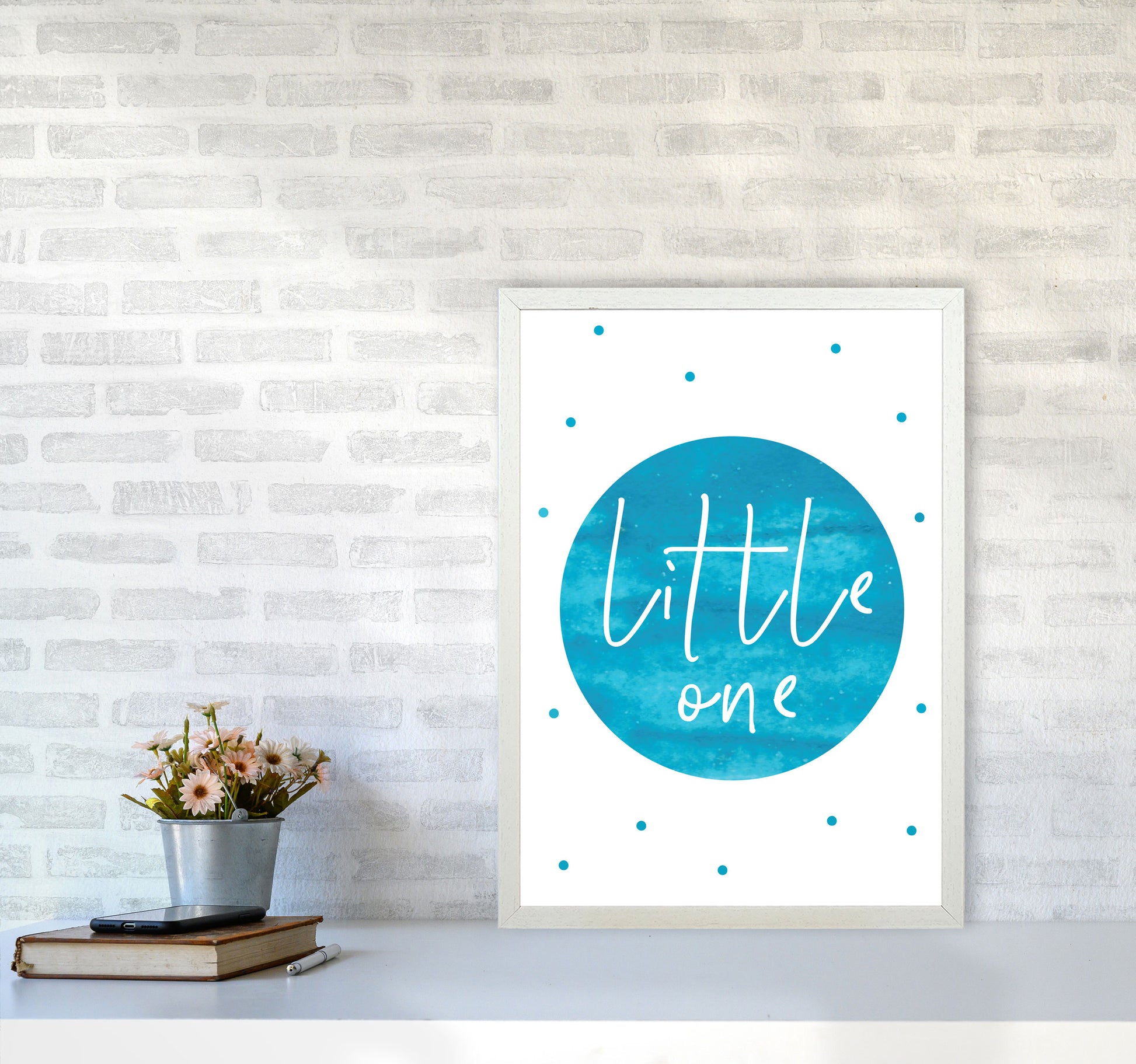Little One Turquoise Watercolour Modern Print A2 Oak Frame