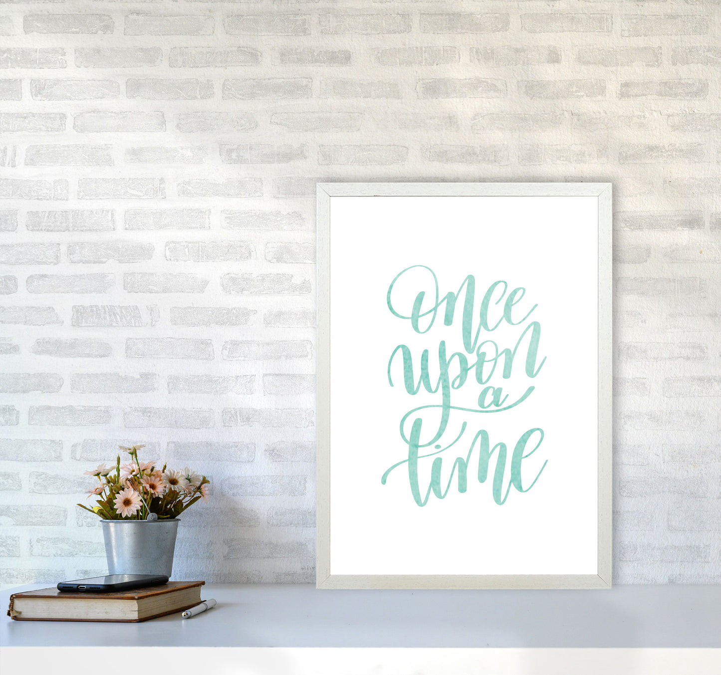 Once Upon A Time Mint Watercolour Framed Typography Wall Art Print A2 Oak Frame