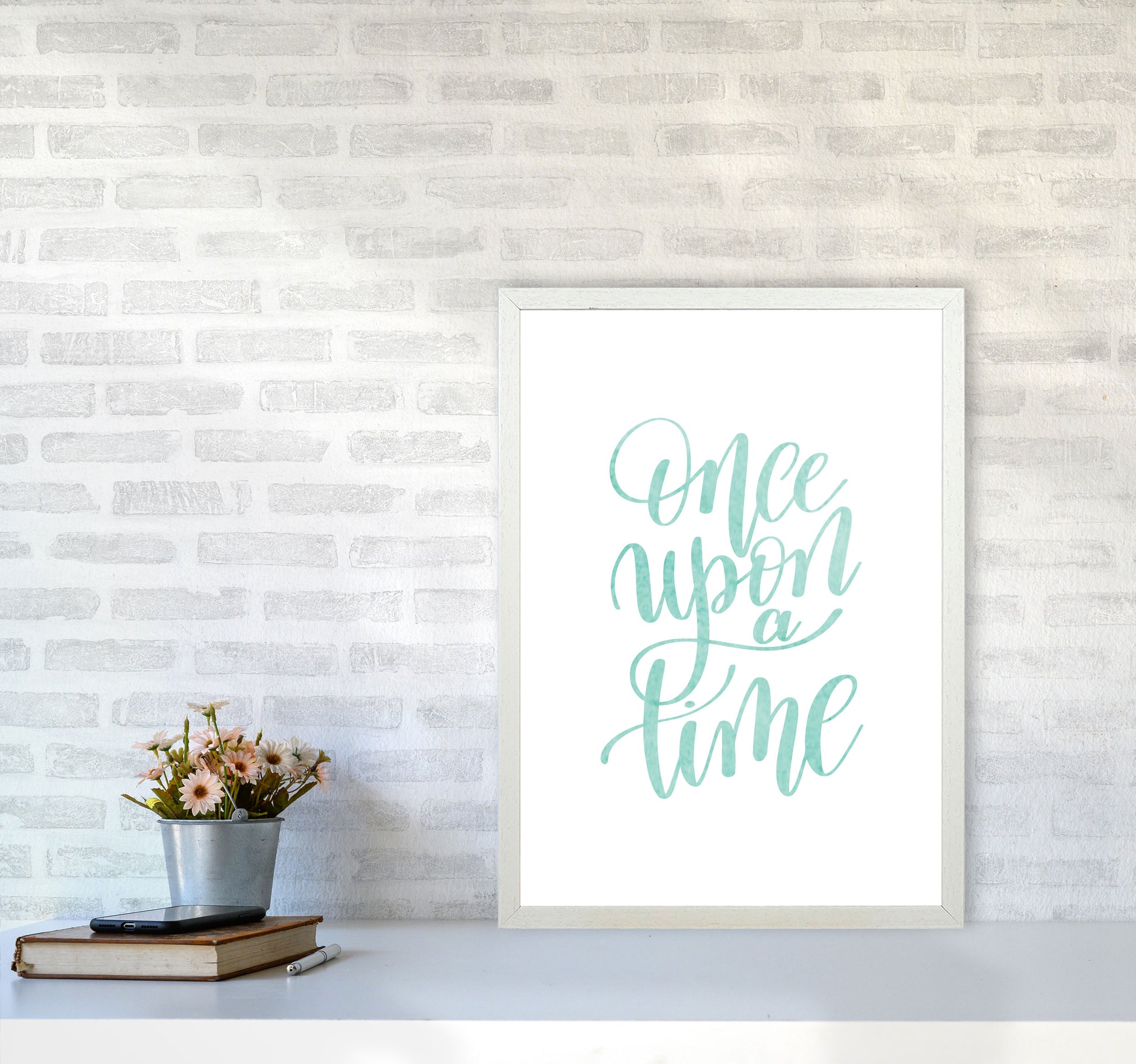 Once Upon A Time Mint Watercolour Framed Typography Wall Art Print A2 Oak Frame