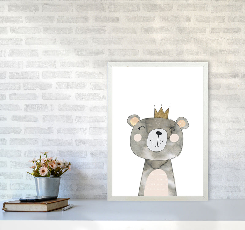 Scandi Grey Bear Watercolour Framed Nursey Wall Art Print A2 Oak Frame