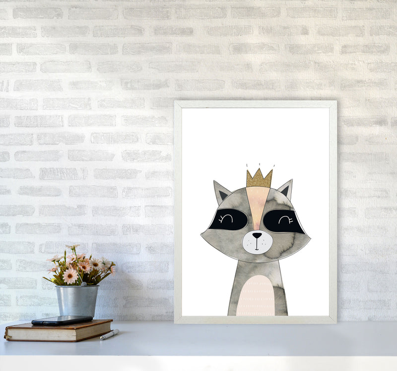 Scandi Grey Raccoon Watercolour Framed Nursey Wall Art Print A2 Oak Frame