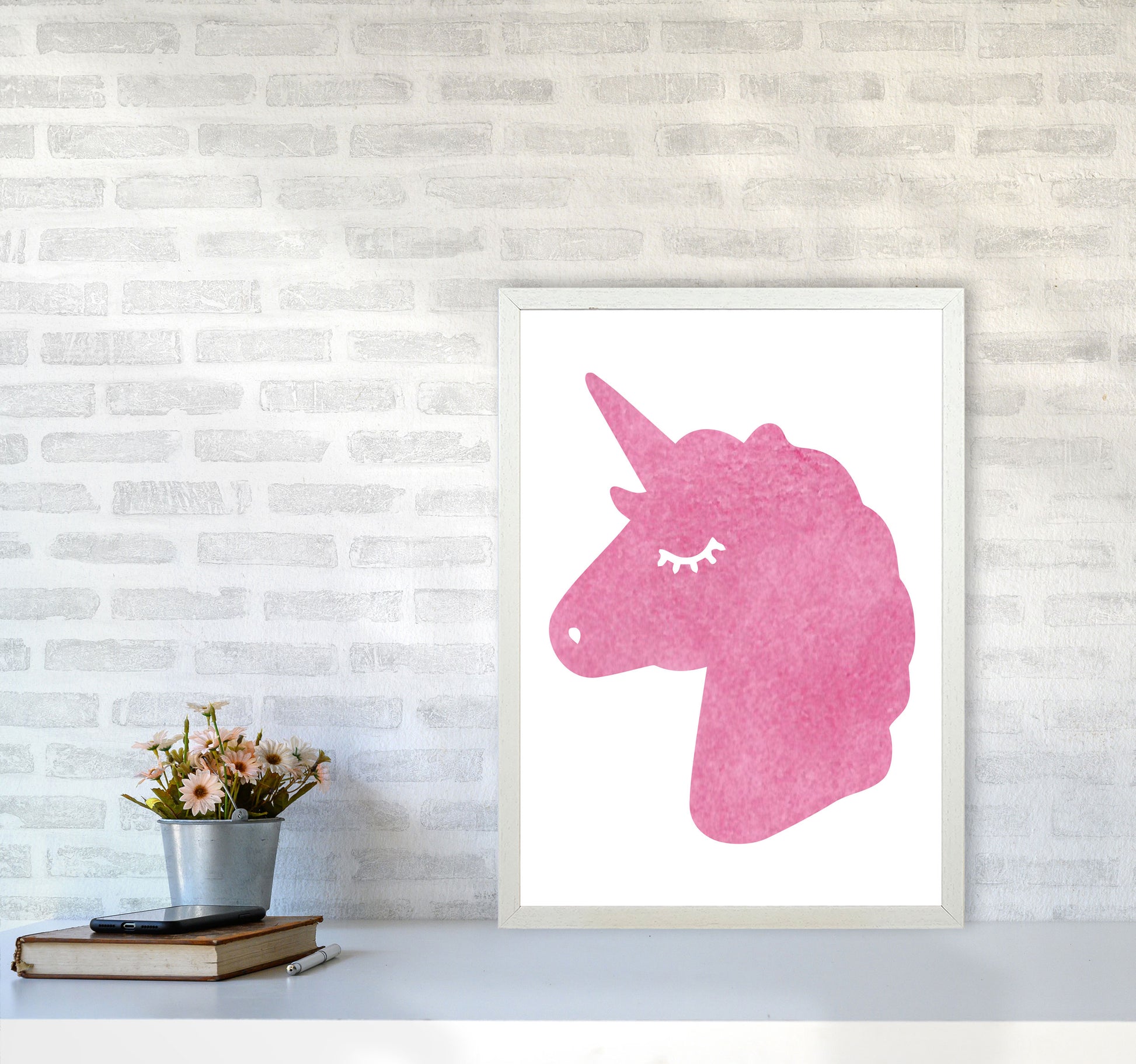 Unicorn Pink Silhouette Watercolour Modern Print A2 Oak Frame