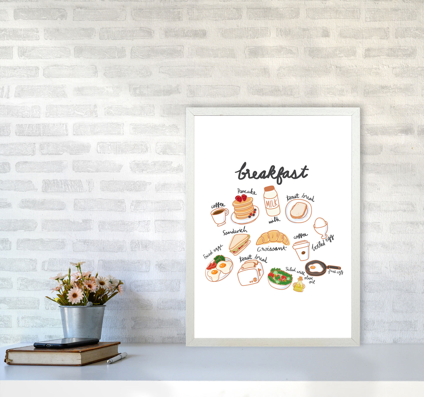 Breakfast Collection Portrait Modern Print, Framed Kitchen Wall Art A2 Oak Frame