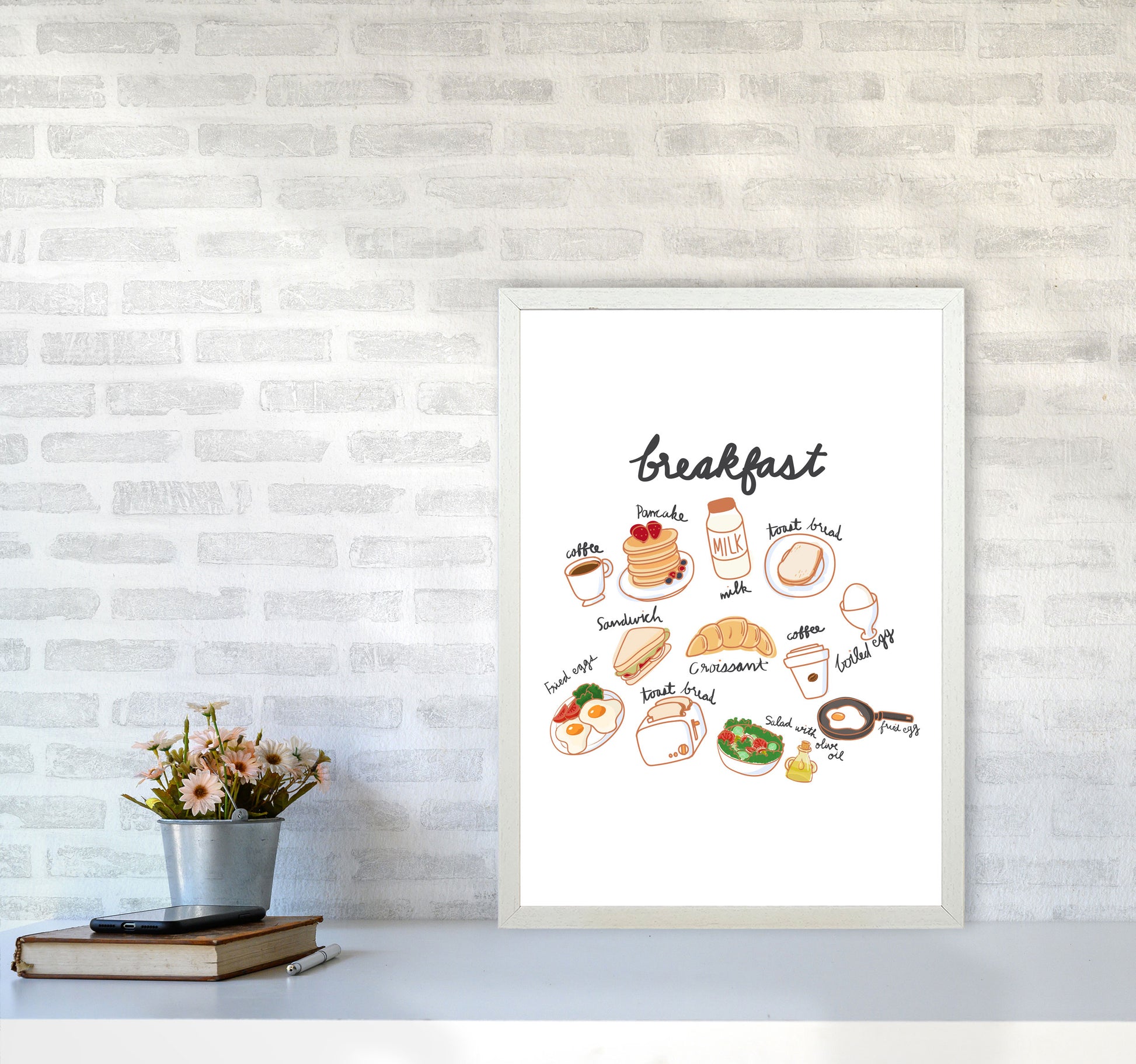 Breakfast Collection Portrait Modern Print, Framed Kitchen Wall Art A2 Oak Frame