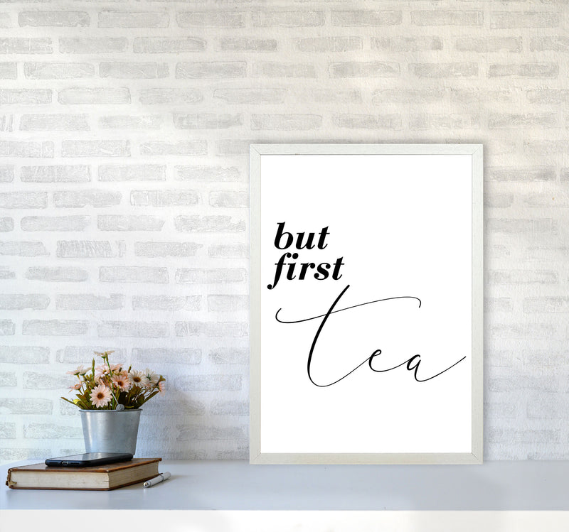 But First Tea Modern Print, Framed Kitchen Wall Art A2 Oak Frame
