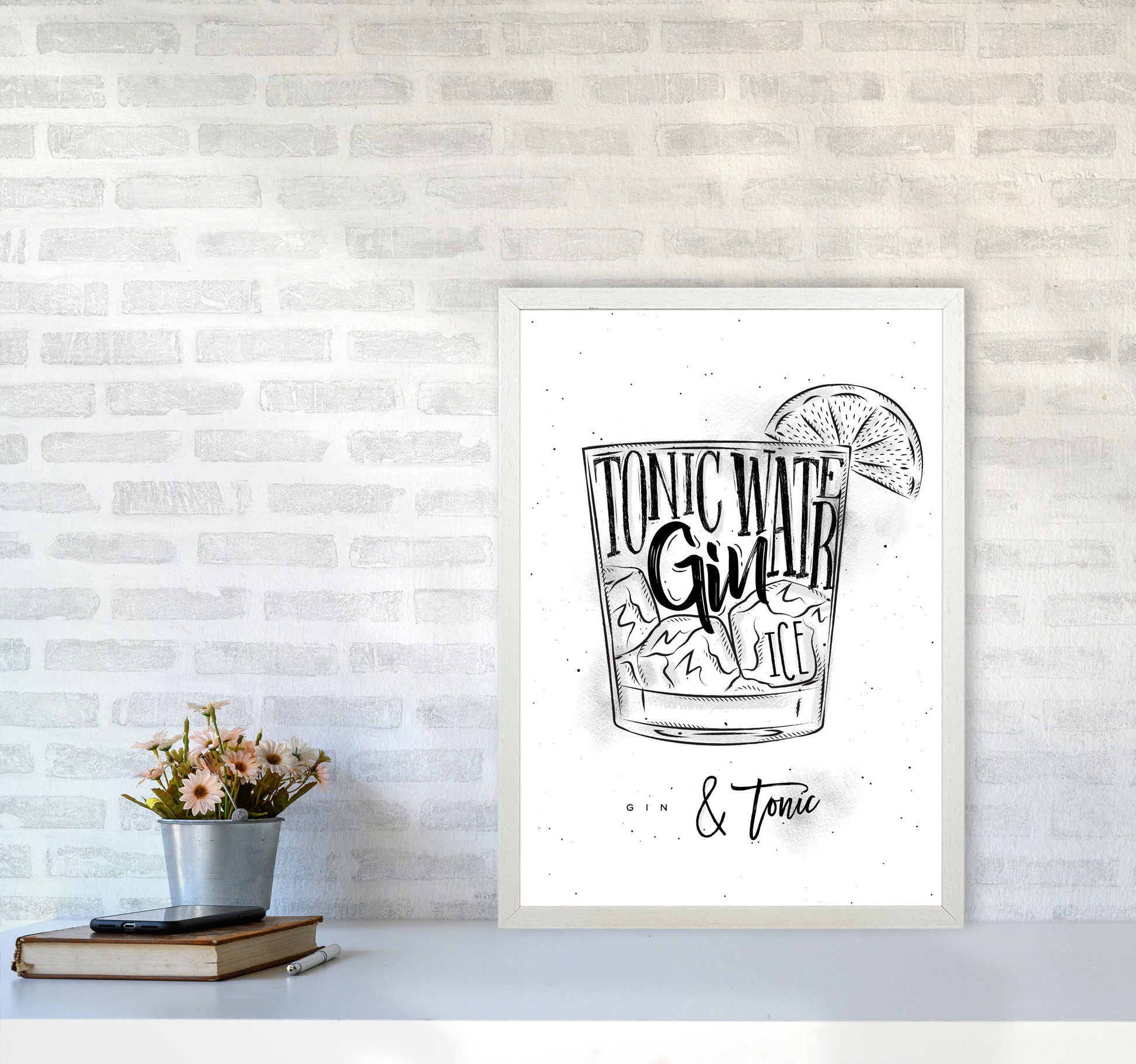 Gin And Tonic Modern Print, Framed Kitchen Wall Art A2 Oak Frame
