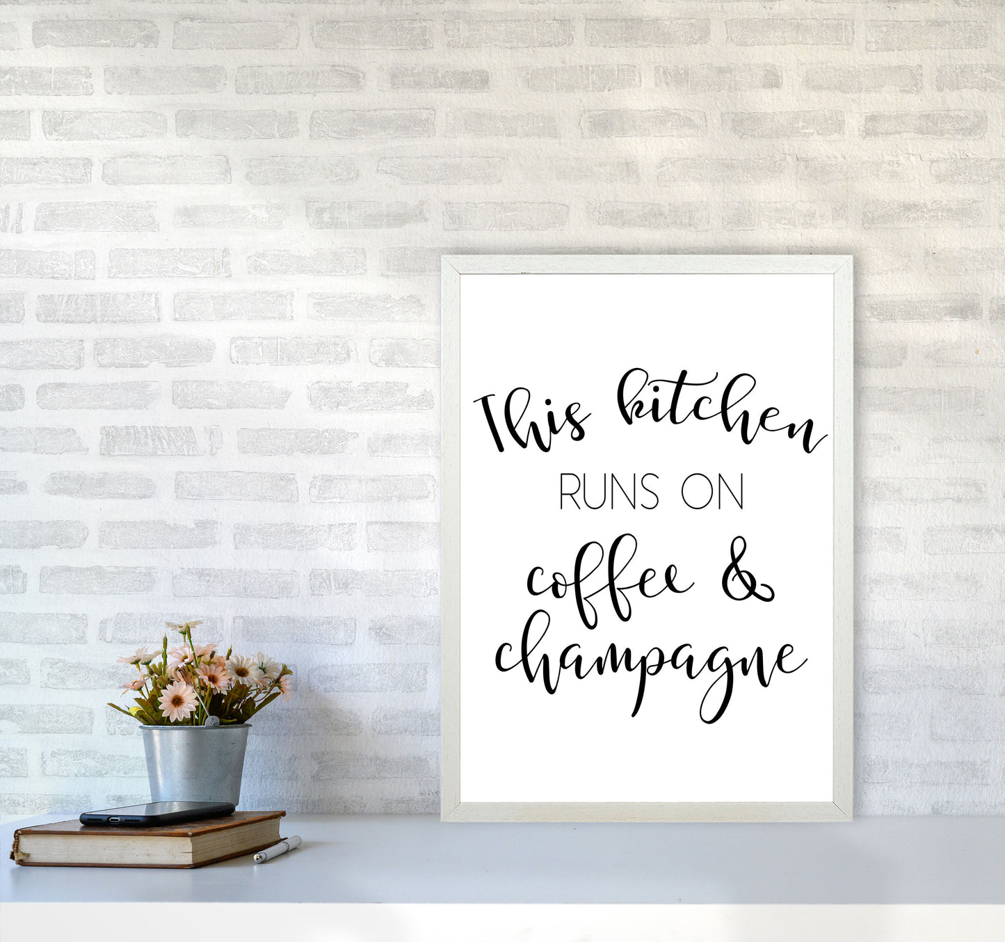 This Kitchen Runs On Coffee And Champagne Modern Print, Framed Kitchen Wall Art A2 Oak Frame