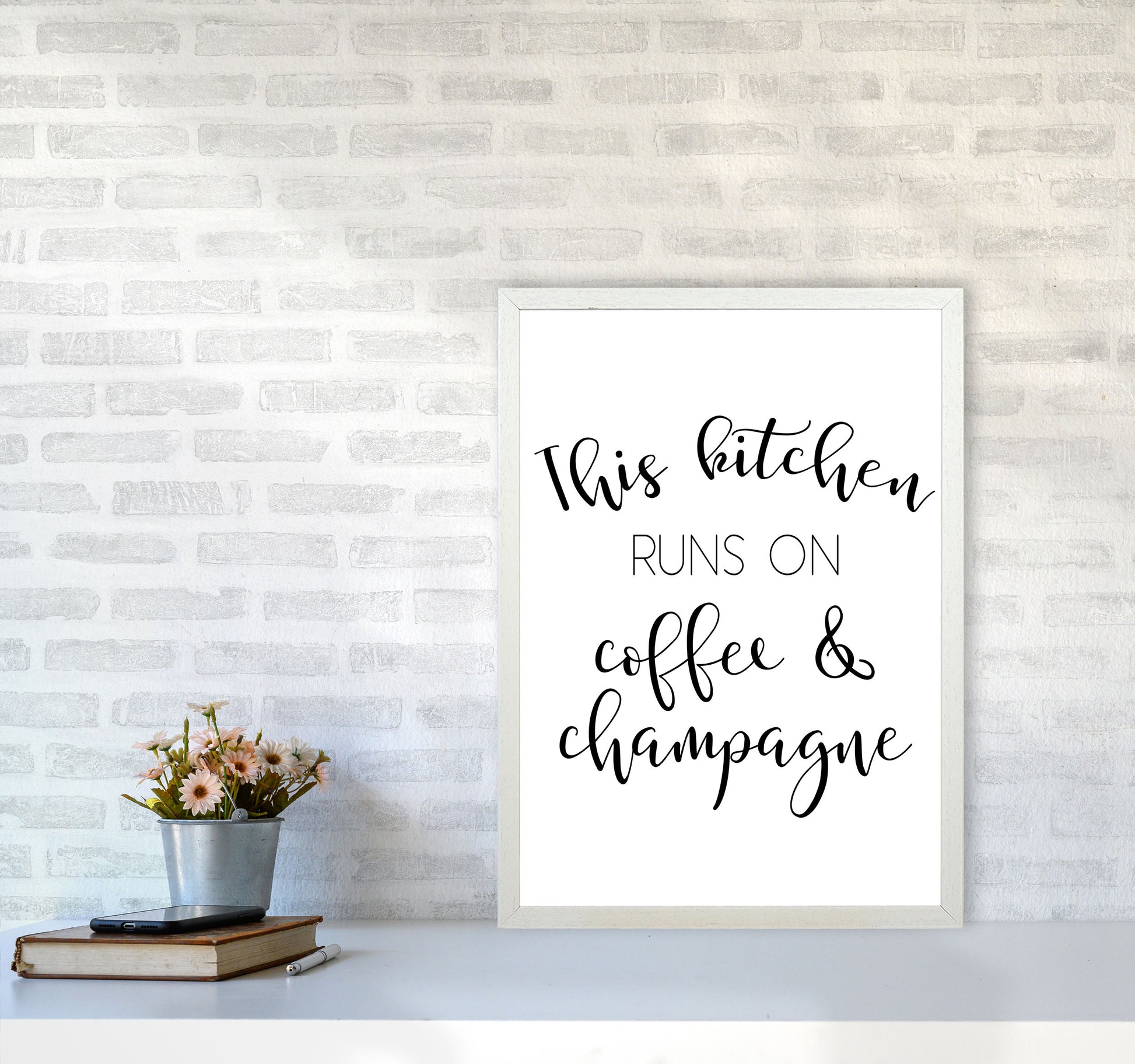 This Kitchen Runs On Coffee And Champagne Modern Print, Framed Kitchen Wall Art A2 Oak Frame