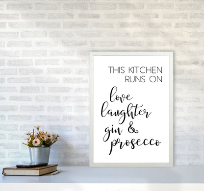 This Kitchen Runs On Love Laughter Gin & Prosecco Print, Framed Kitchen Wall Art A2 Oak Frame
