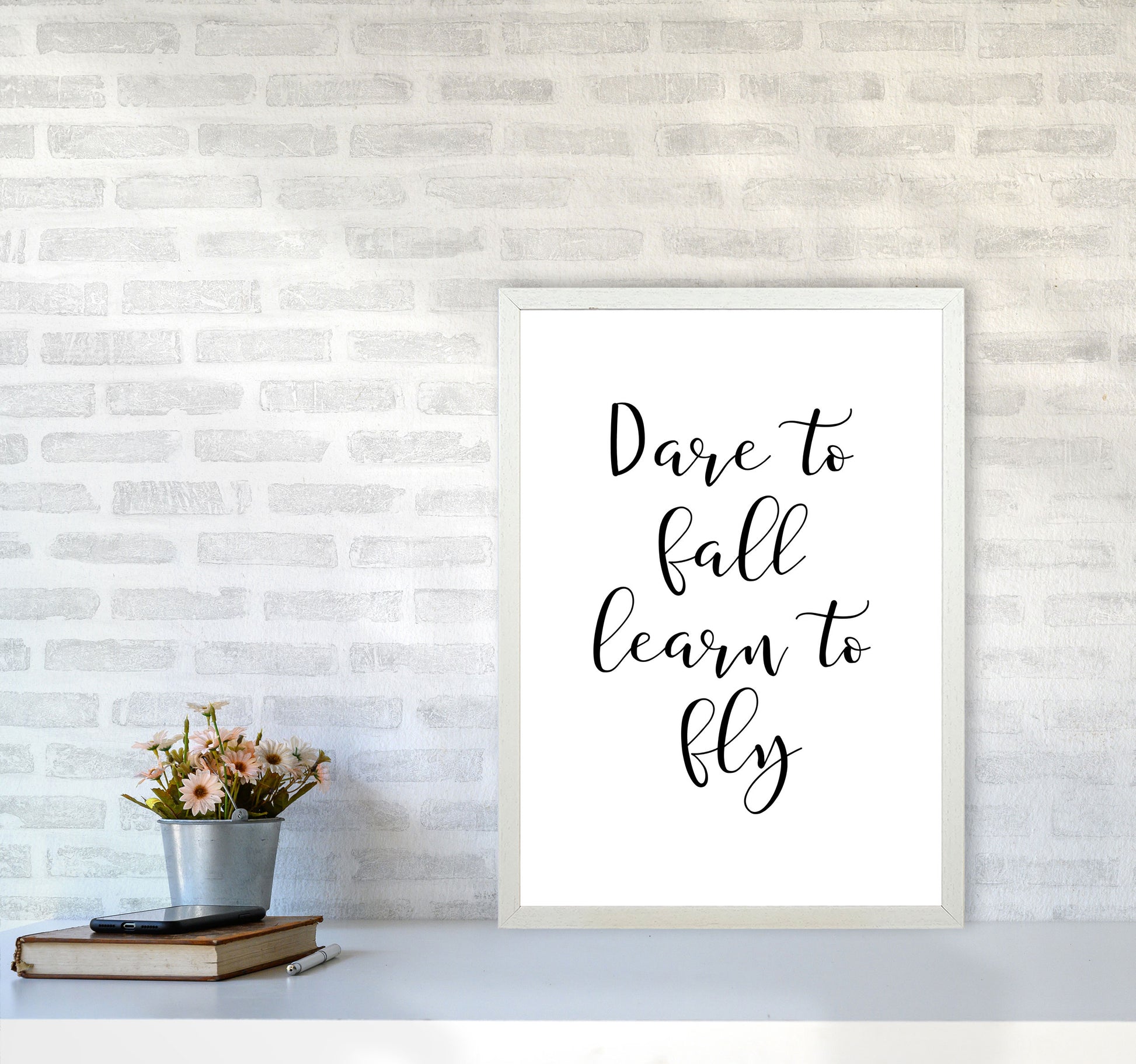 Dare To Fall Dream To Fly Framed Typography Wall Art Print A2 Oak Frame