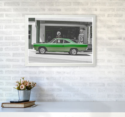 Green Car Modern Print A2 Oak Frame