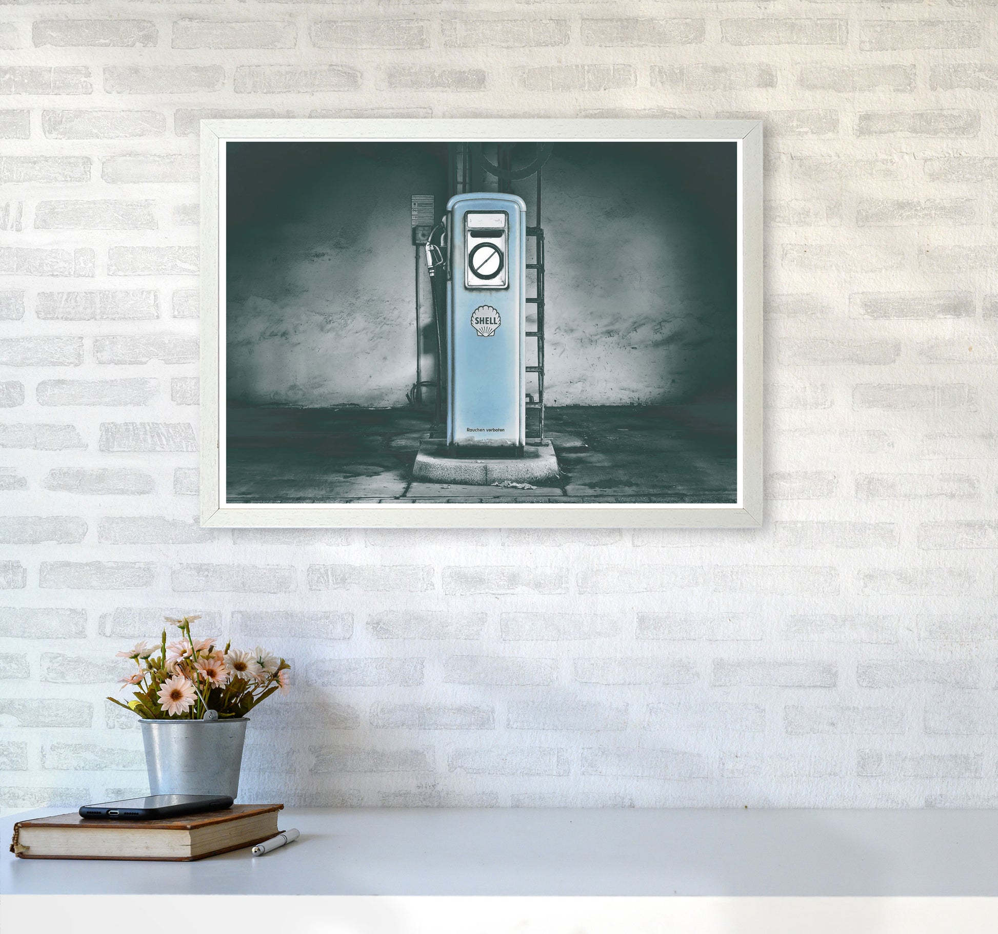 Little Blue Gas Pump Modern Print A2 Oak Frame