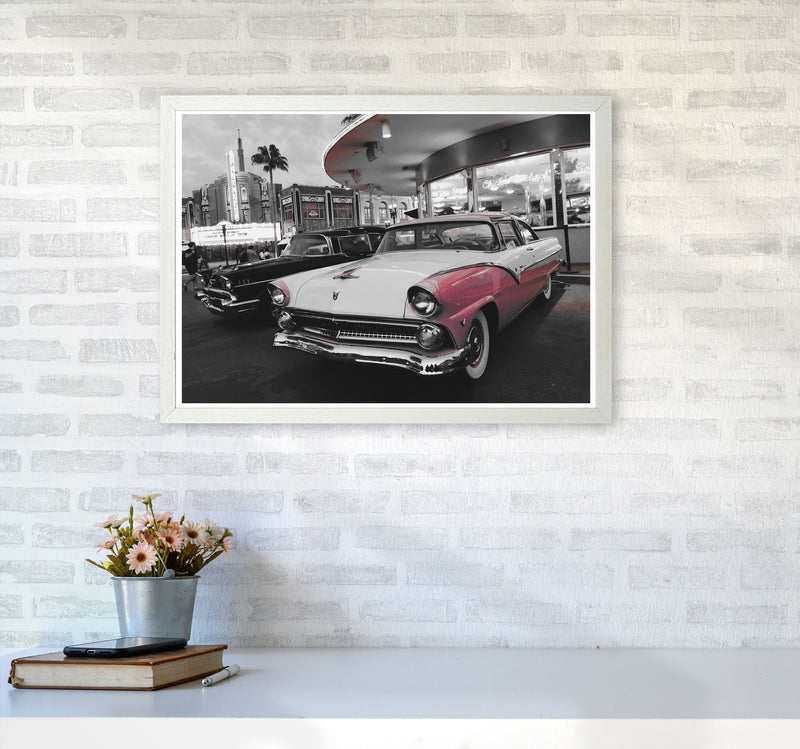 Vintage Pink And White Car Modern Print A2 Oak Frame