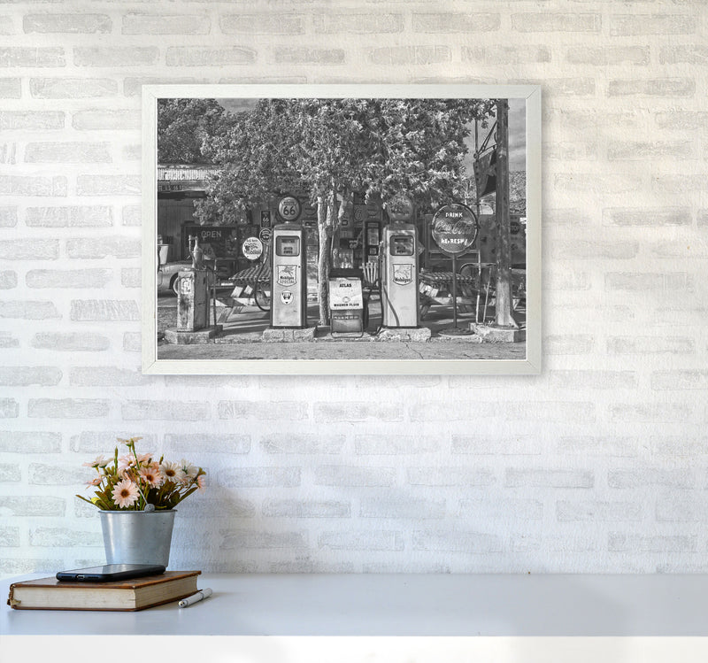 Retro Black And White Gas Pumps Modern Print A2 Oak Frame