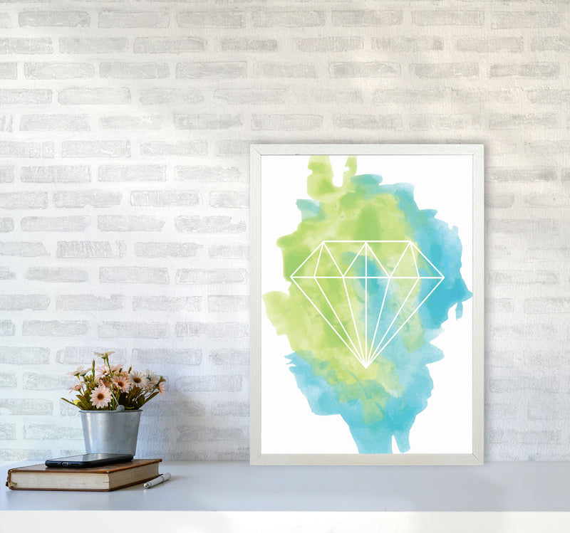 Geo Diamond Turquoise Multi Watercolour Modern Print A2 Oak Frame