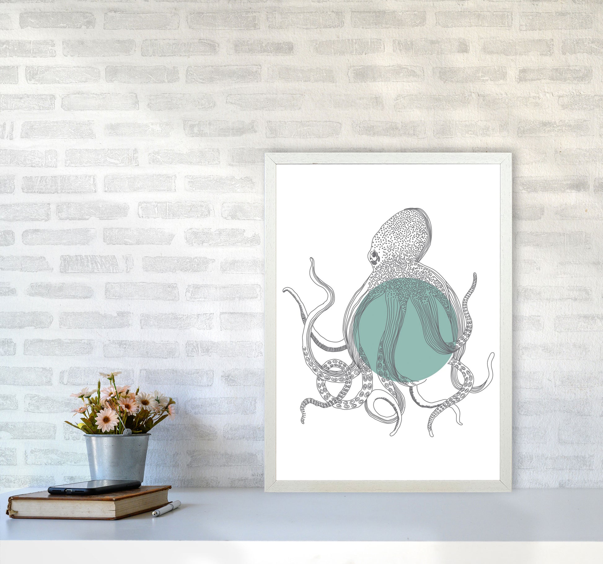 Marine Animals Octopus Modern Print Animal Art Print A2 Oak Frame