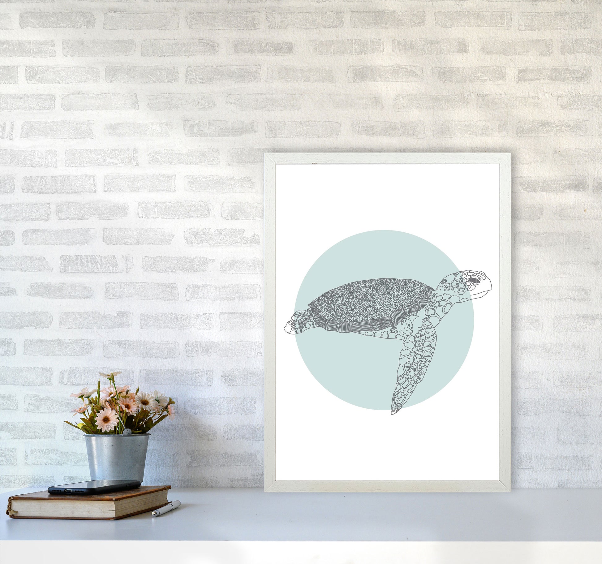 Marine Animals Turtle Modern Print Animal Art Print A2 Oak Frame
