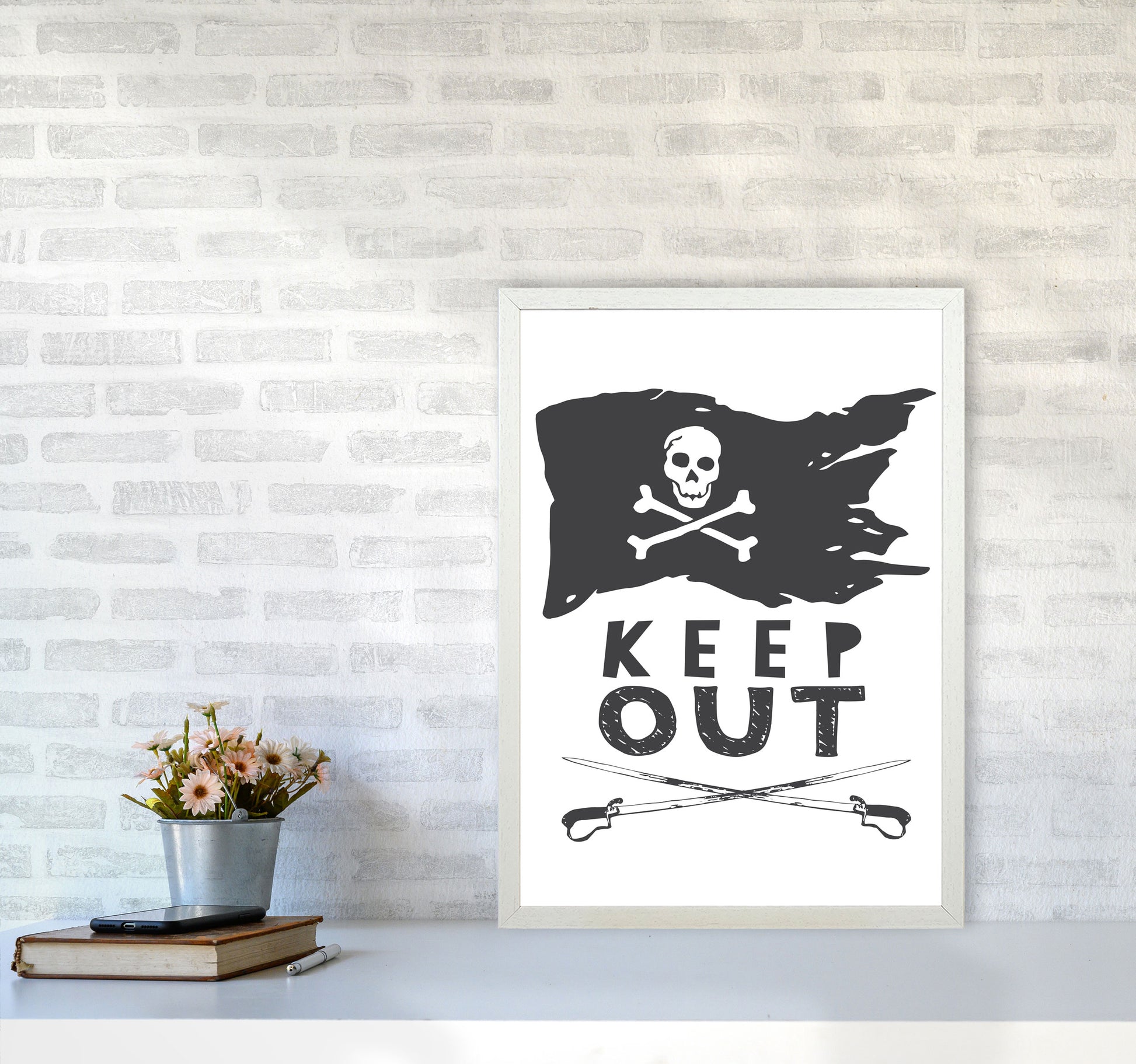 Pirate Keep Out Framed Nursey Wall Art Print A2 Oak Frame