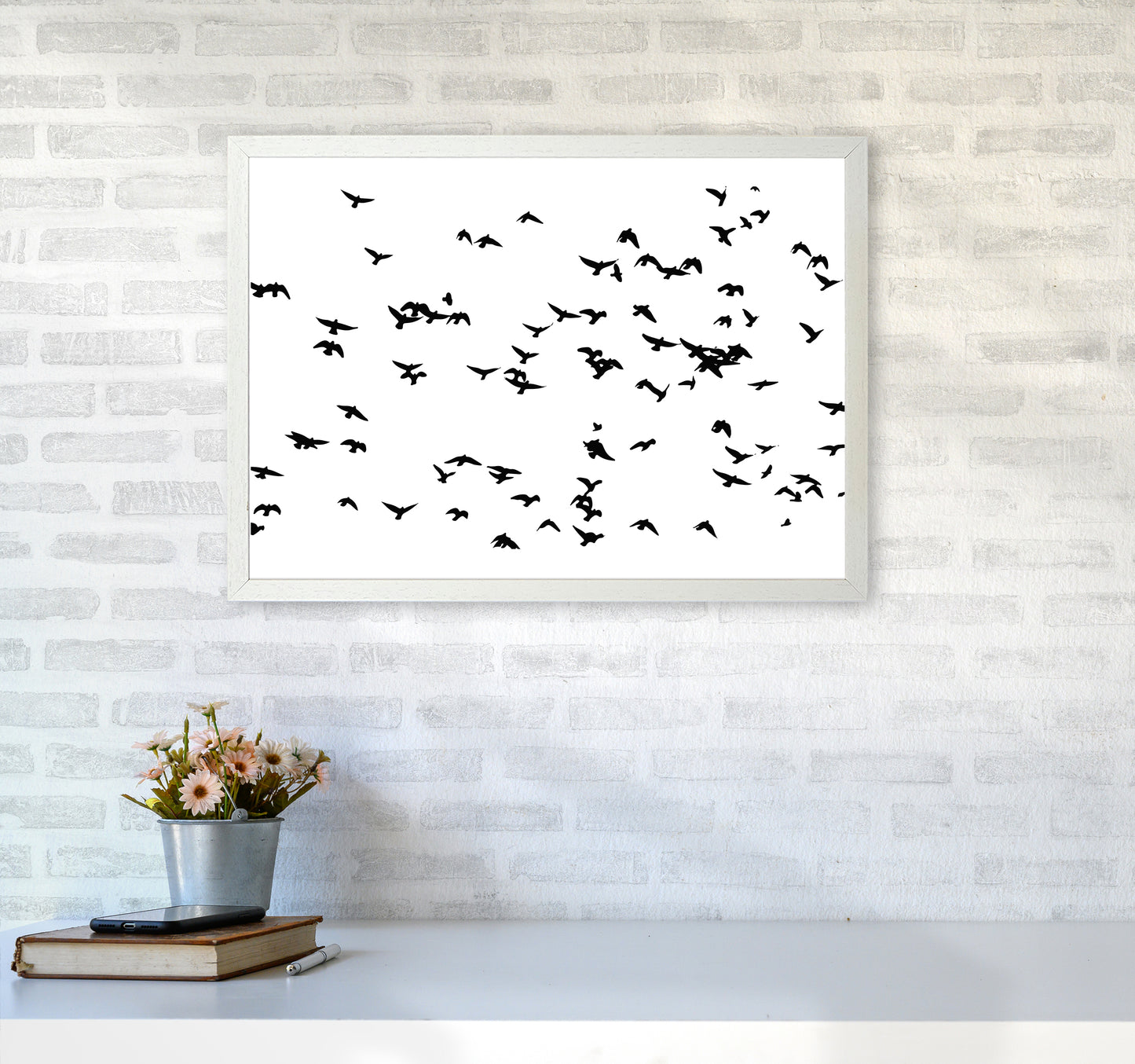 Flock Of Birds Landscape Art Print by Pixy Paper A2 Oak Frame