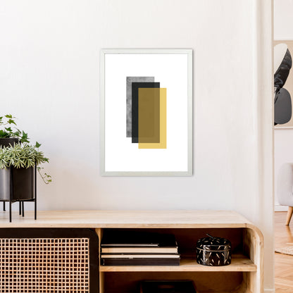 Geometric Mustard And Black Rectangles  Art Print by Pixy Paper A2 Oak Frame