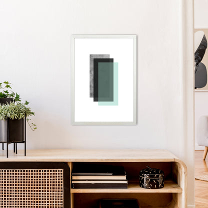 Geometric Mint And Black Rectangles  Art Print by Pixy Paper A2 Oak Frame