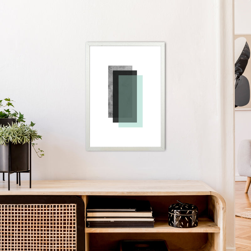 Geometric Mint And Black Rectangles  Art Print by Pixy Paper A2 Oak Frame