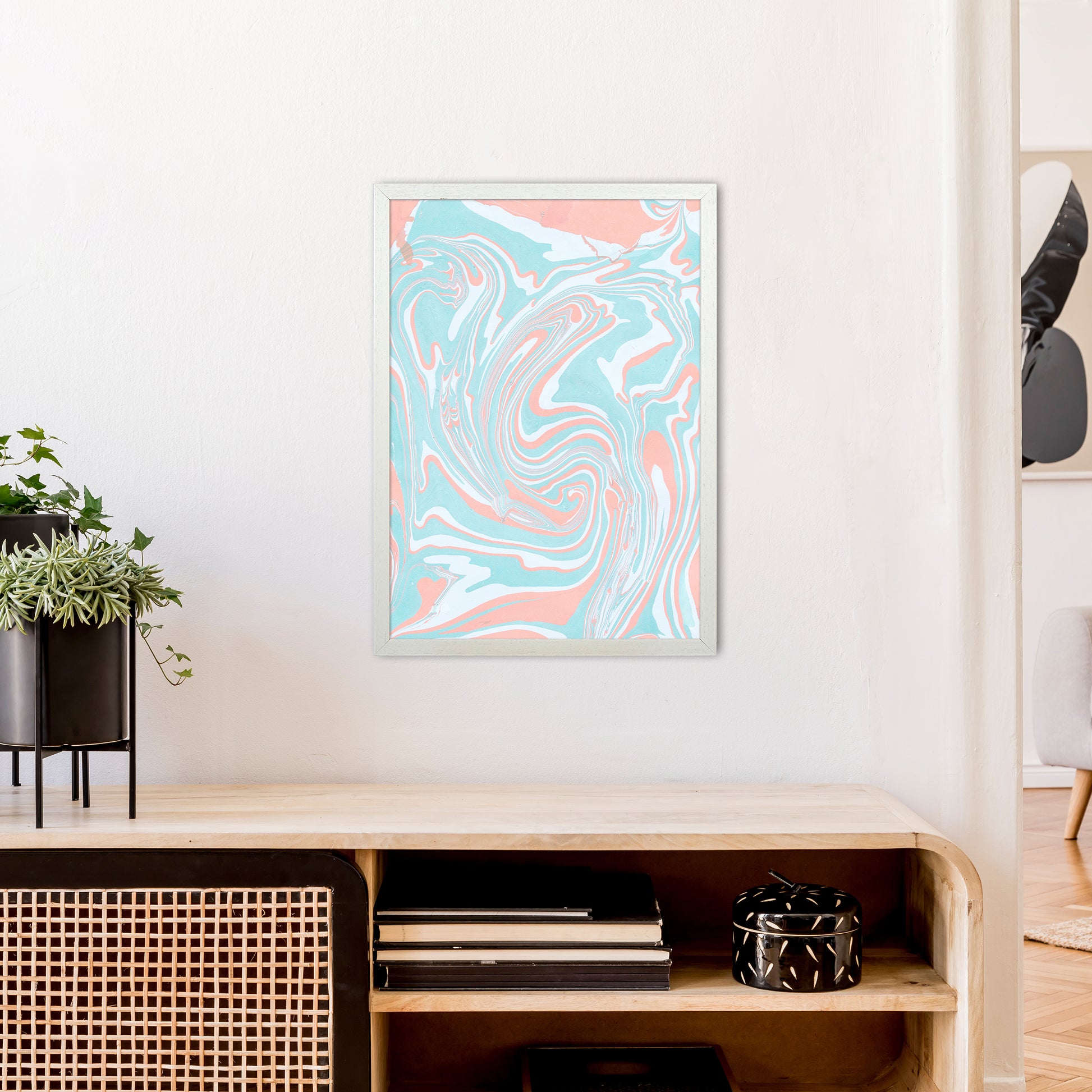 Liquid Mix Turquoise And Salmon  Art Print by Pixy Paper A2 Oak Frame