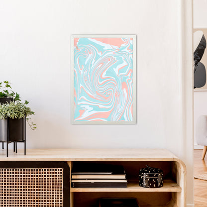 Liquid Mix Turquoise And Salmon  Art Print by Pixy Paper A2 Oak Frame