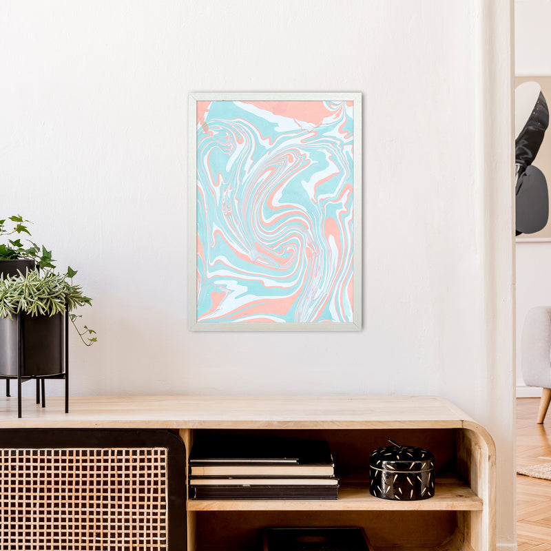 Liquid Mix Turquoise And Salmon  Art Print by Pixy Paper A2 Oak Frame