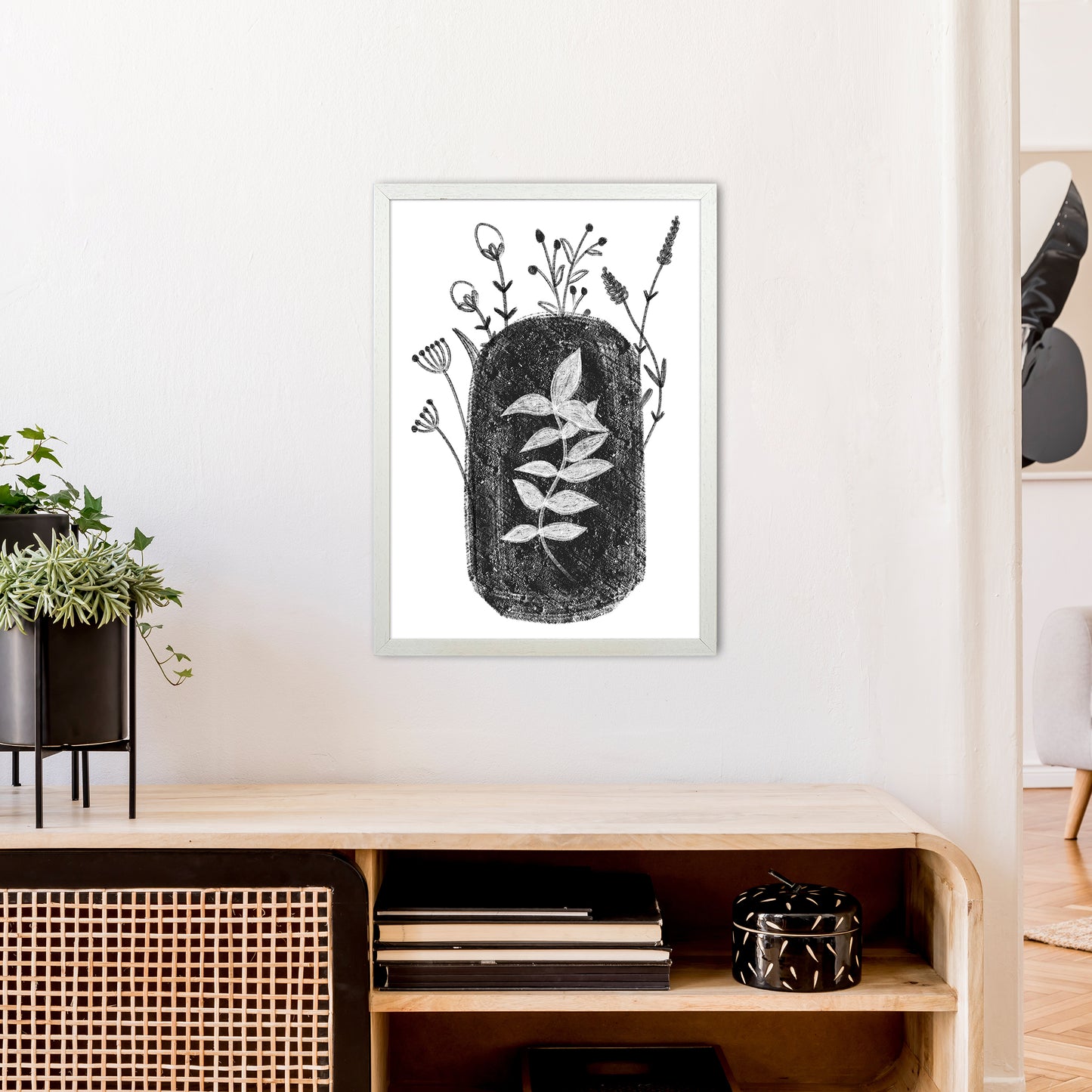 Dalia Chalk Black Floral  Art Print by Pixy Paper A2 Oak Frame