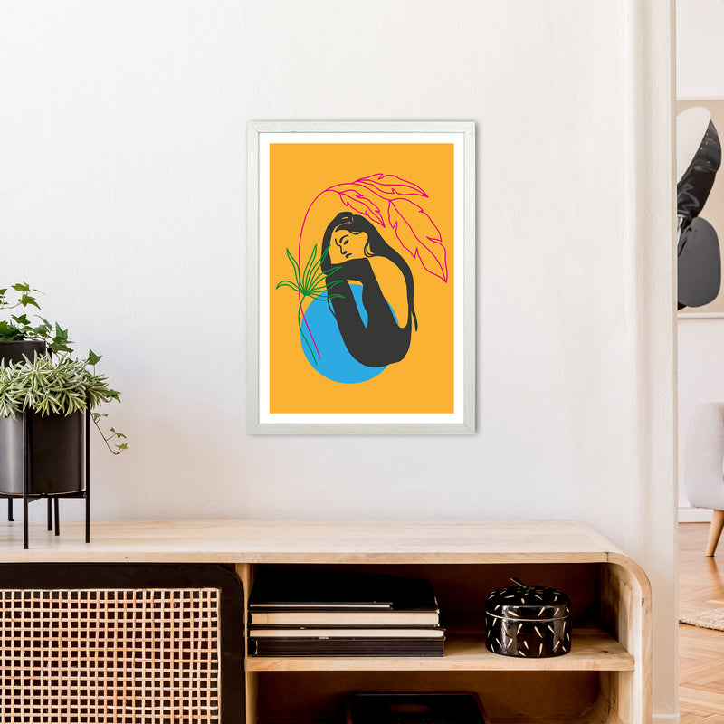 Girl Under Plant Yellow Neon Funk  Art Print by Pixy Paper A2 Oak Frame