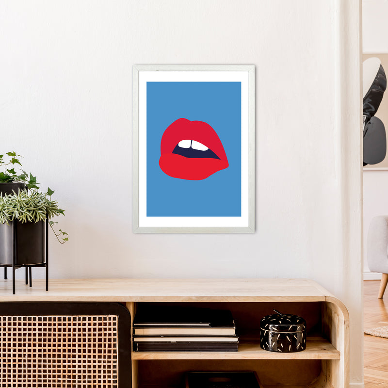 Red Lips Blue Back  Art Print by Pixy Paper A2 Oak Frame