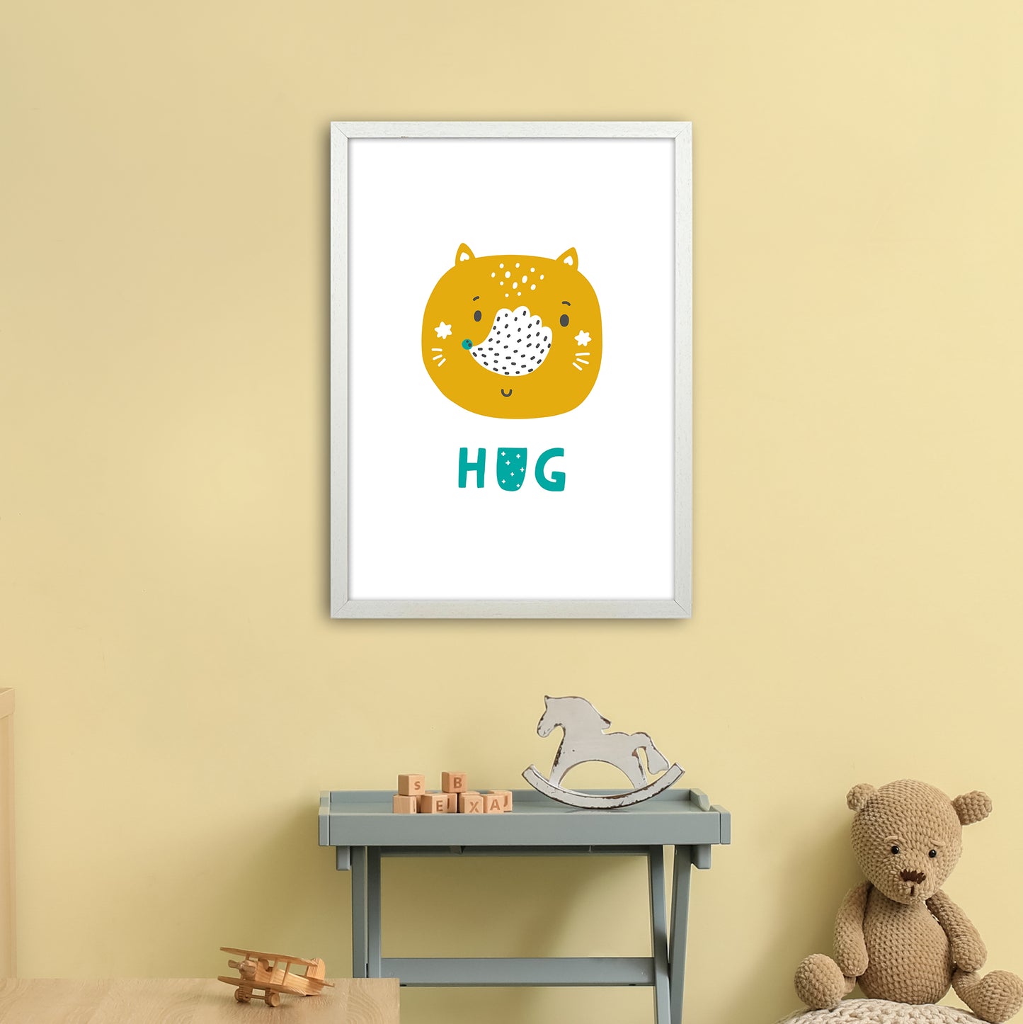 Fox Hug Teal Super Scandi  Art Print by Pixy Paper A2 Oak Frame