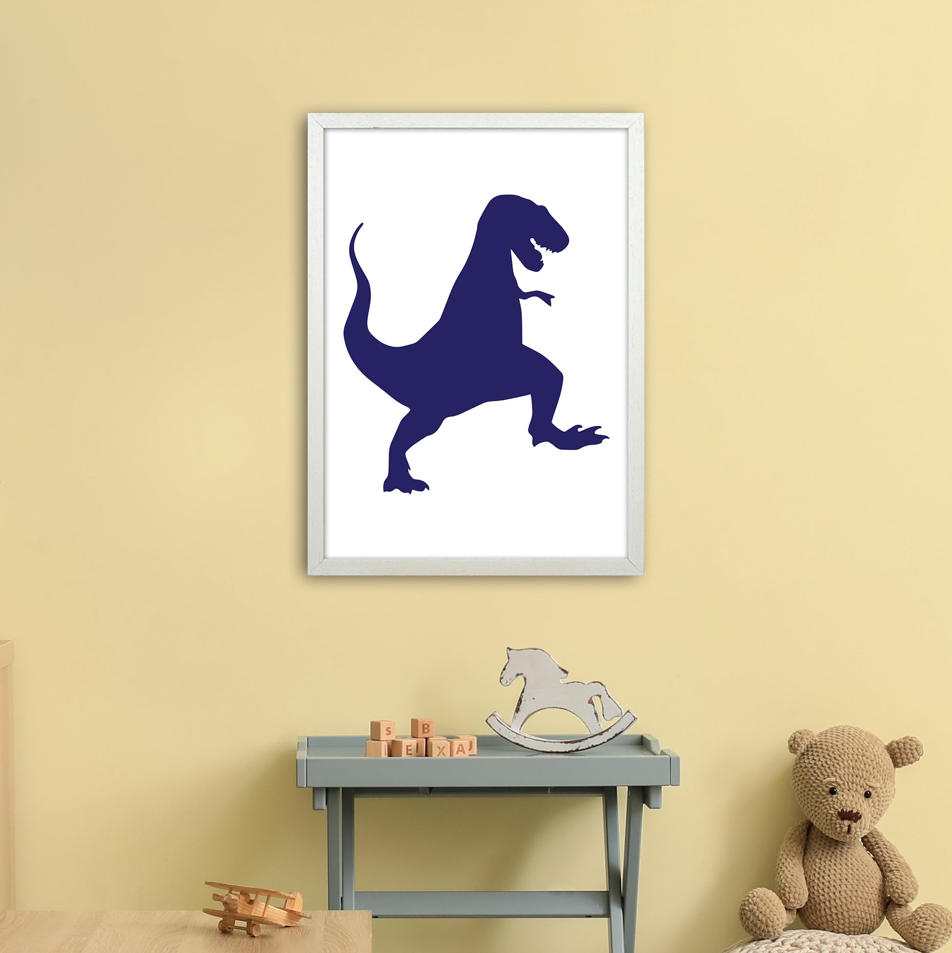 T-Rex Navy  Art Print by Pixy Paper A2 Oak Frame