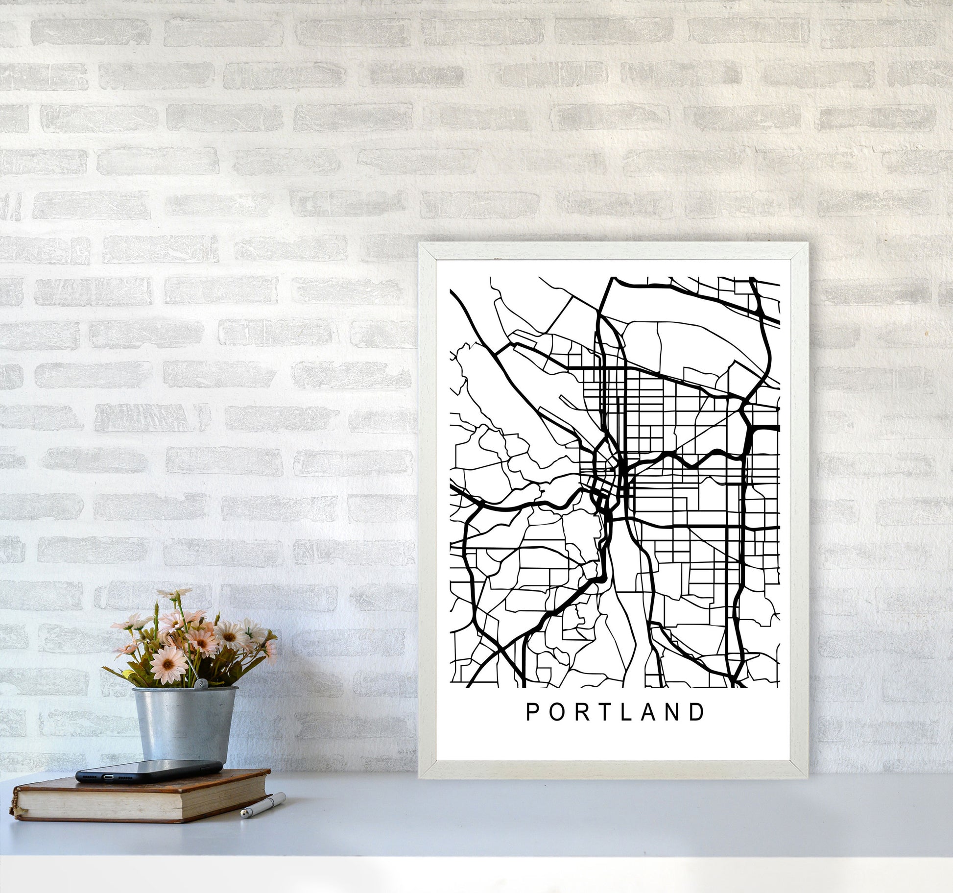 Portland Map Art Print by Pixy Paper A2 Oak Frame