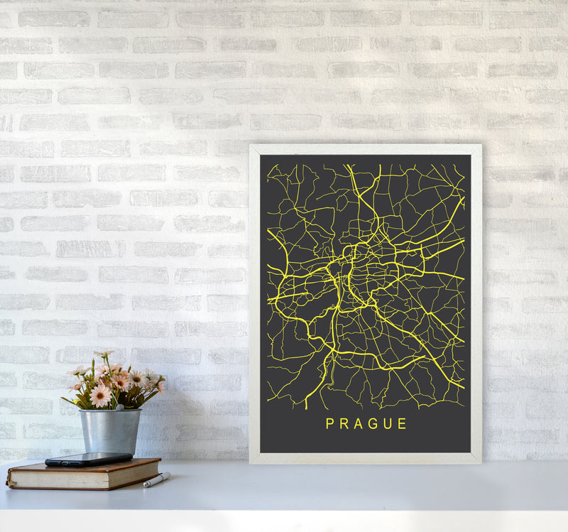 Prague Map Neon Art Print by Pixy Paper A2 Oak Frame