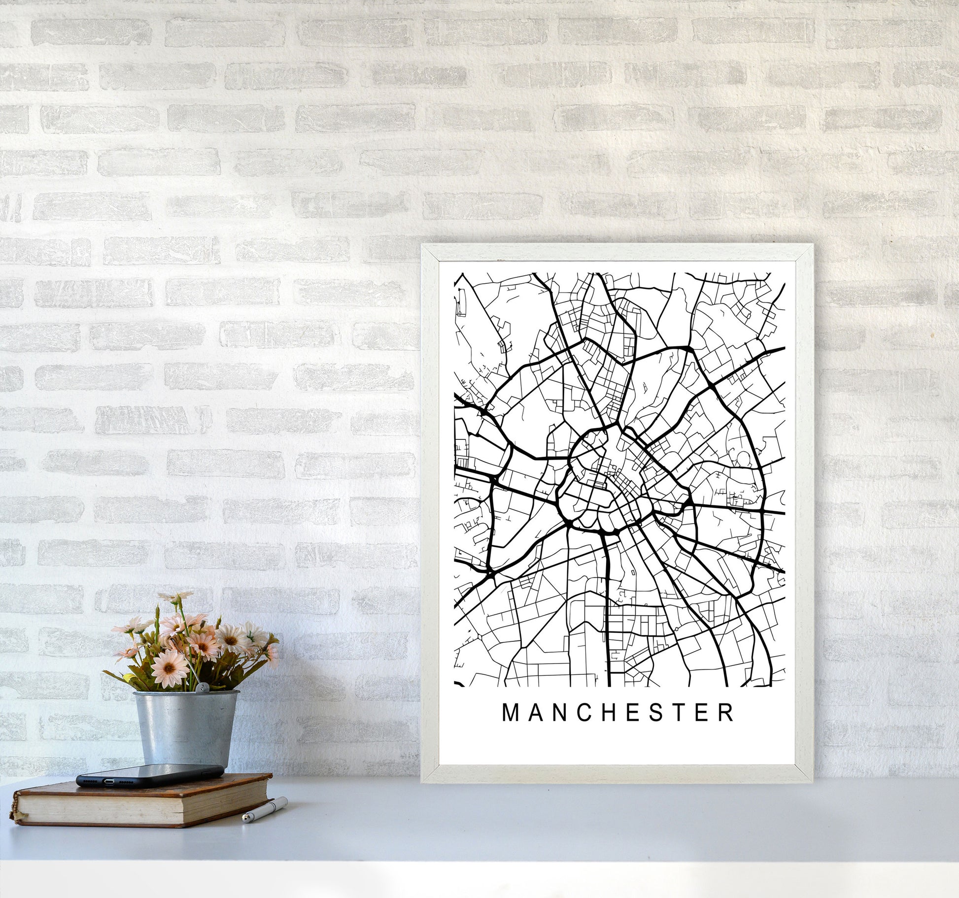 Manchester Map Art Print by Pixy Paper A2 Oak Frame