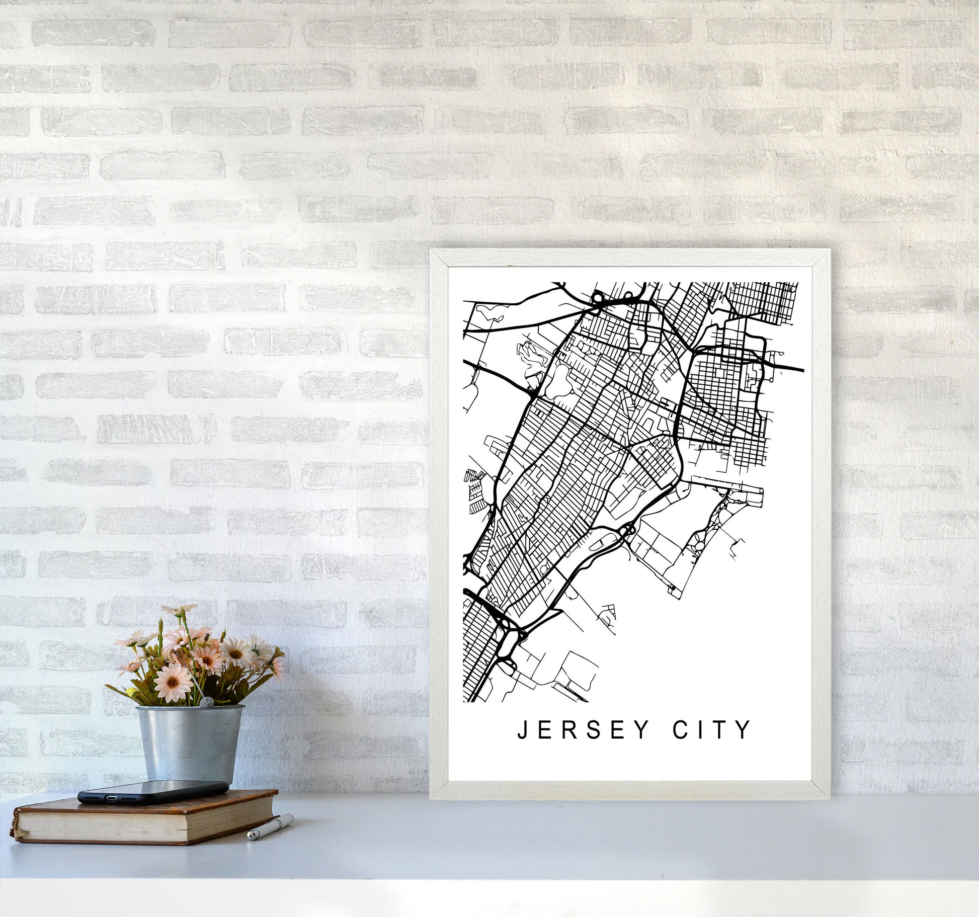 Jersey City Map Art Print by Pixy Paper A2 Oak Frame