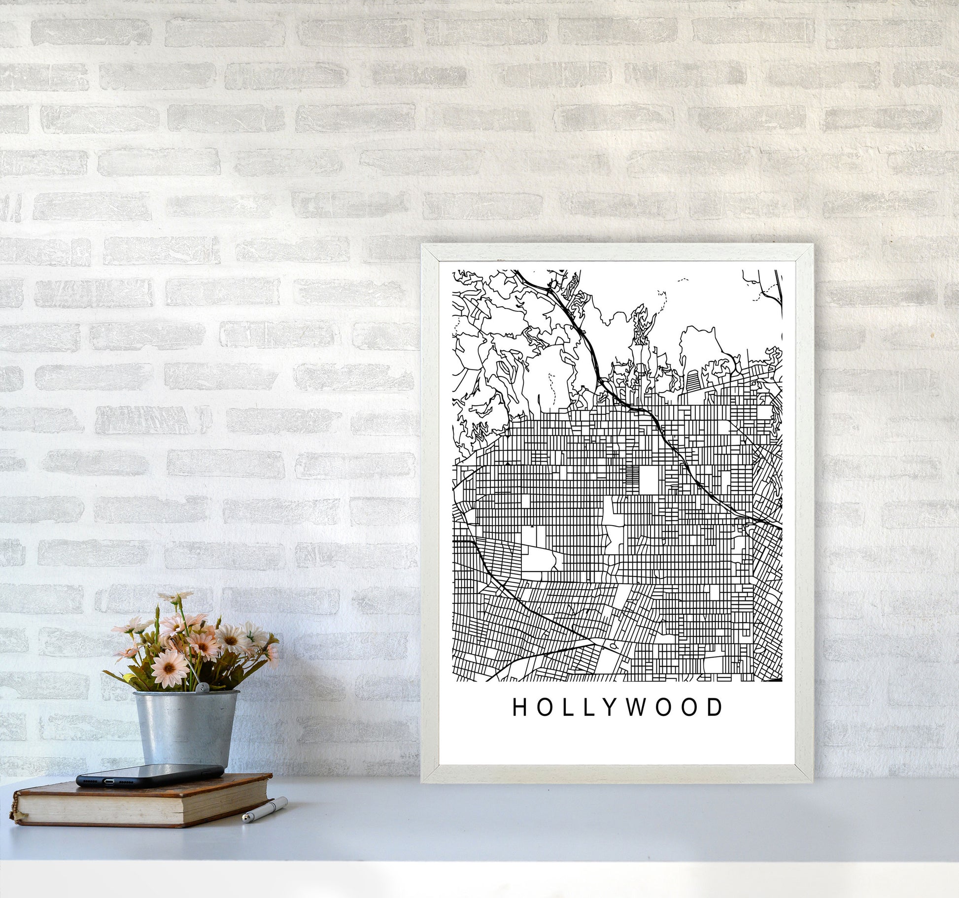 Hollywood Map Art Print by Pixy Paper A2 Oak Frame