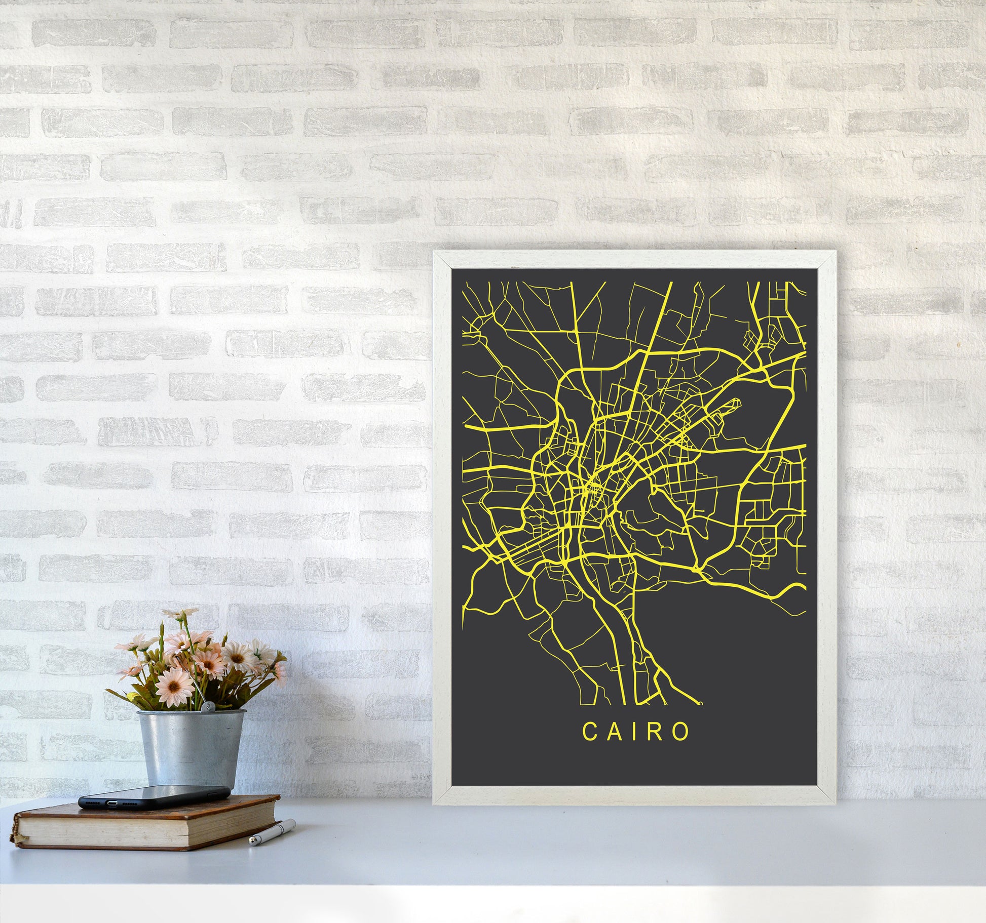 Cairo Map Neon Art Print by Pixy Paper A2 Oak Frame