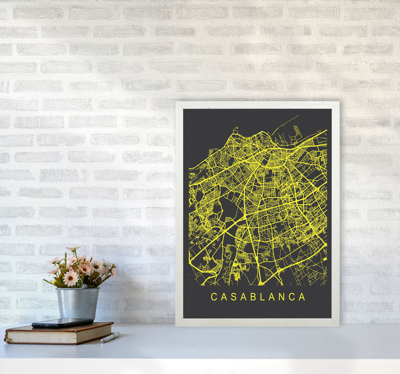 Casablanca Map Neon Art Print by Pixy Paper A2 Oak Frame