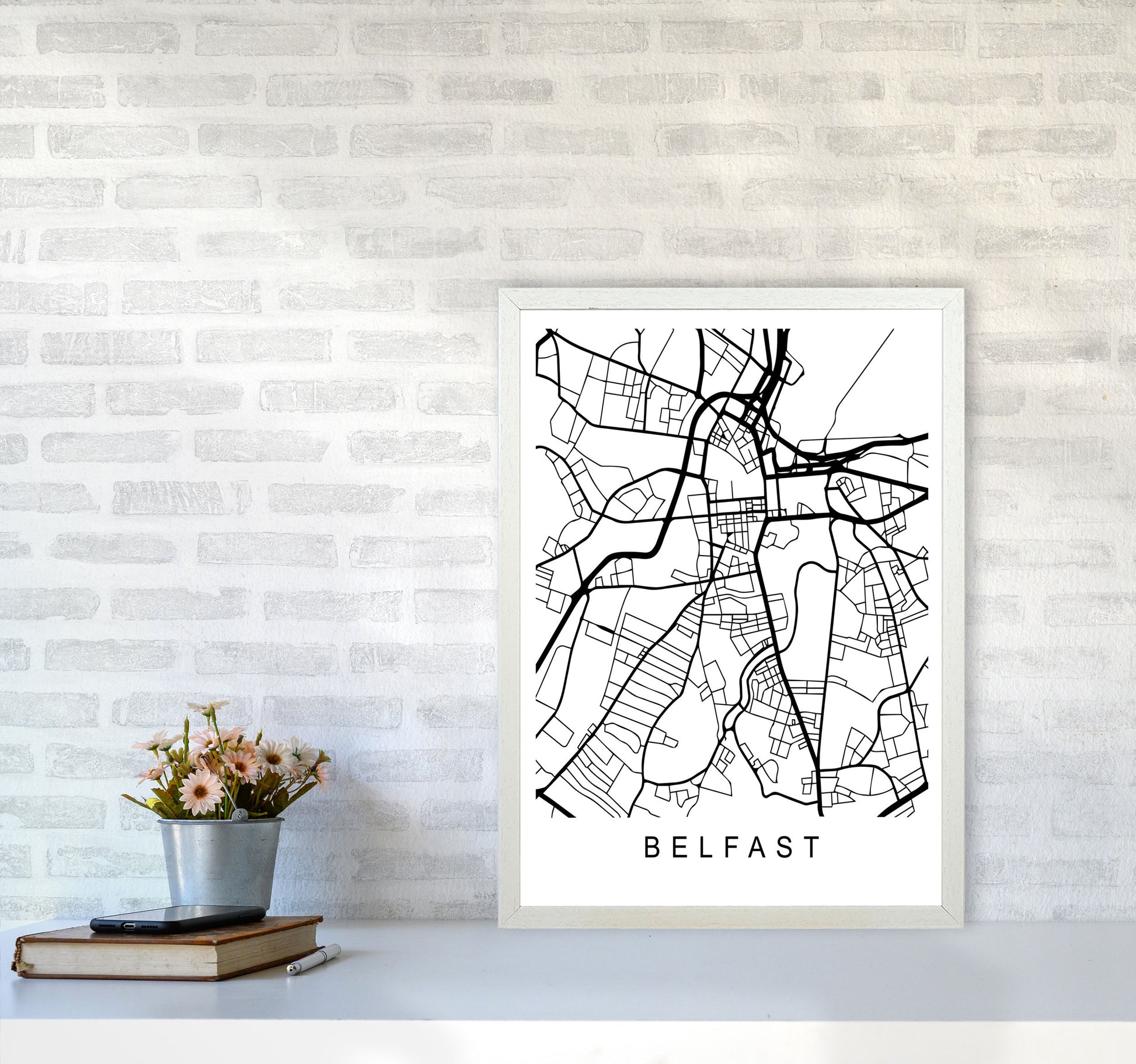 Belfast Map Art Print by Pixy Paper A2 Oak Frame