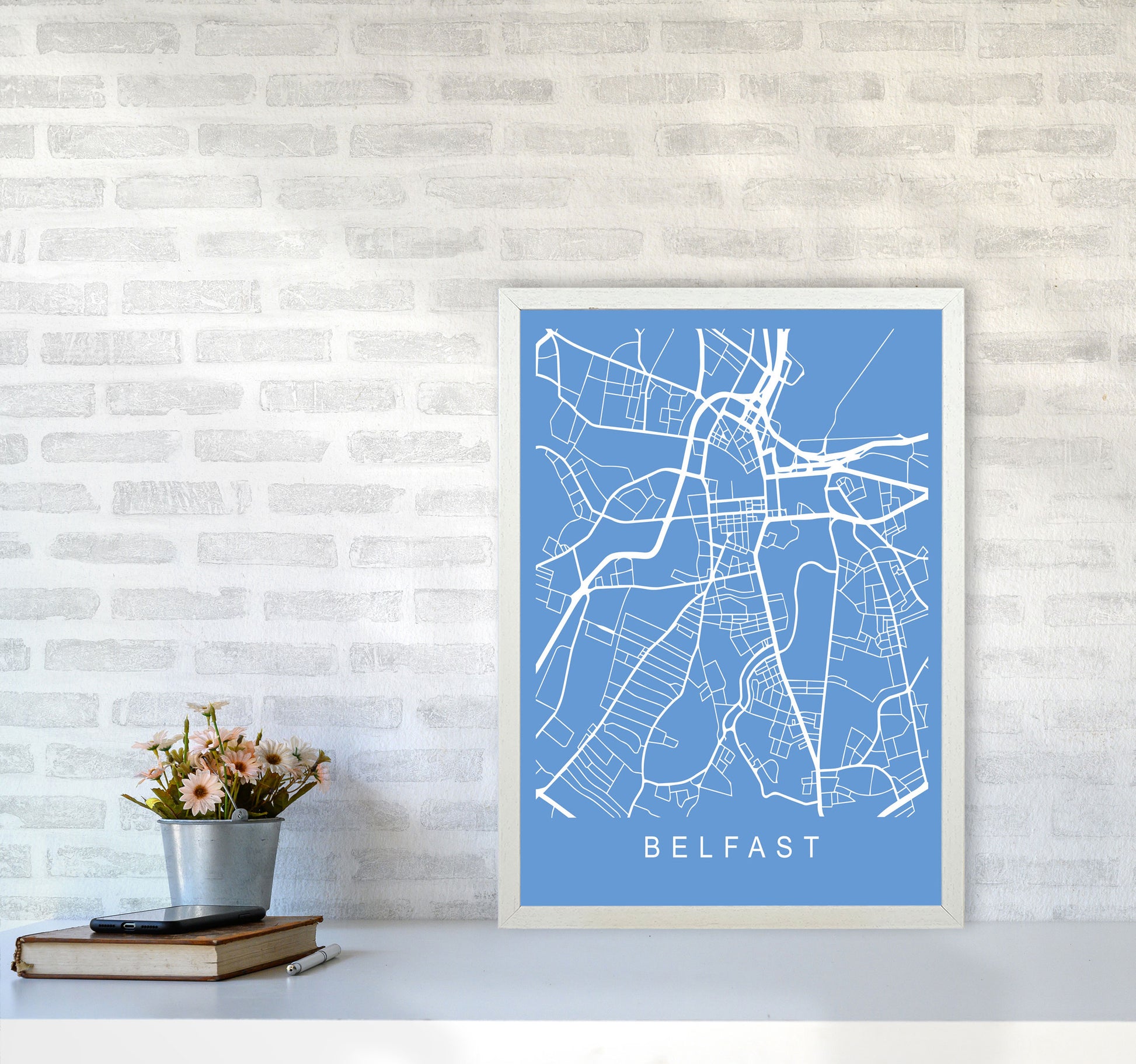 Belfast Map Blueprint Art Print by Pixy Paper A2 Oak Frame