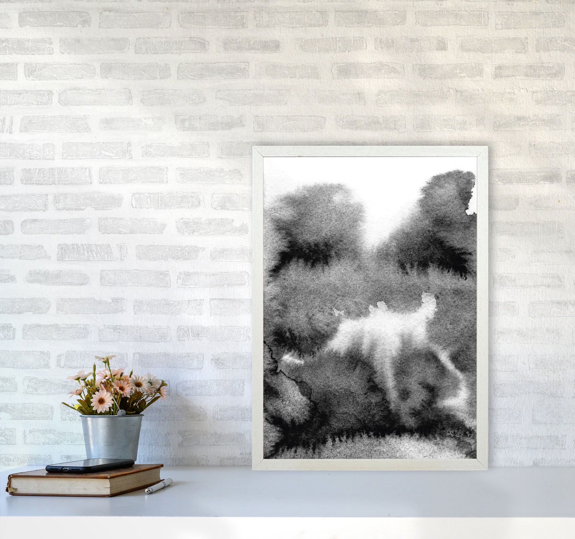 Majestic Monochrome Watercolour 17 Art Print by Pixy Paper A2 Oak Frame