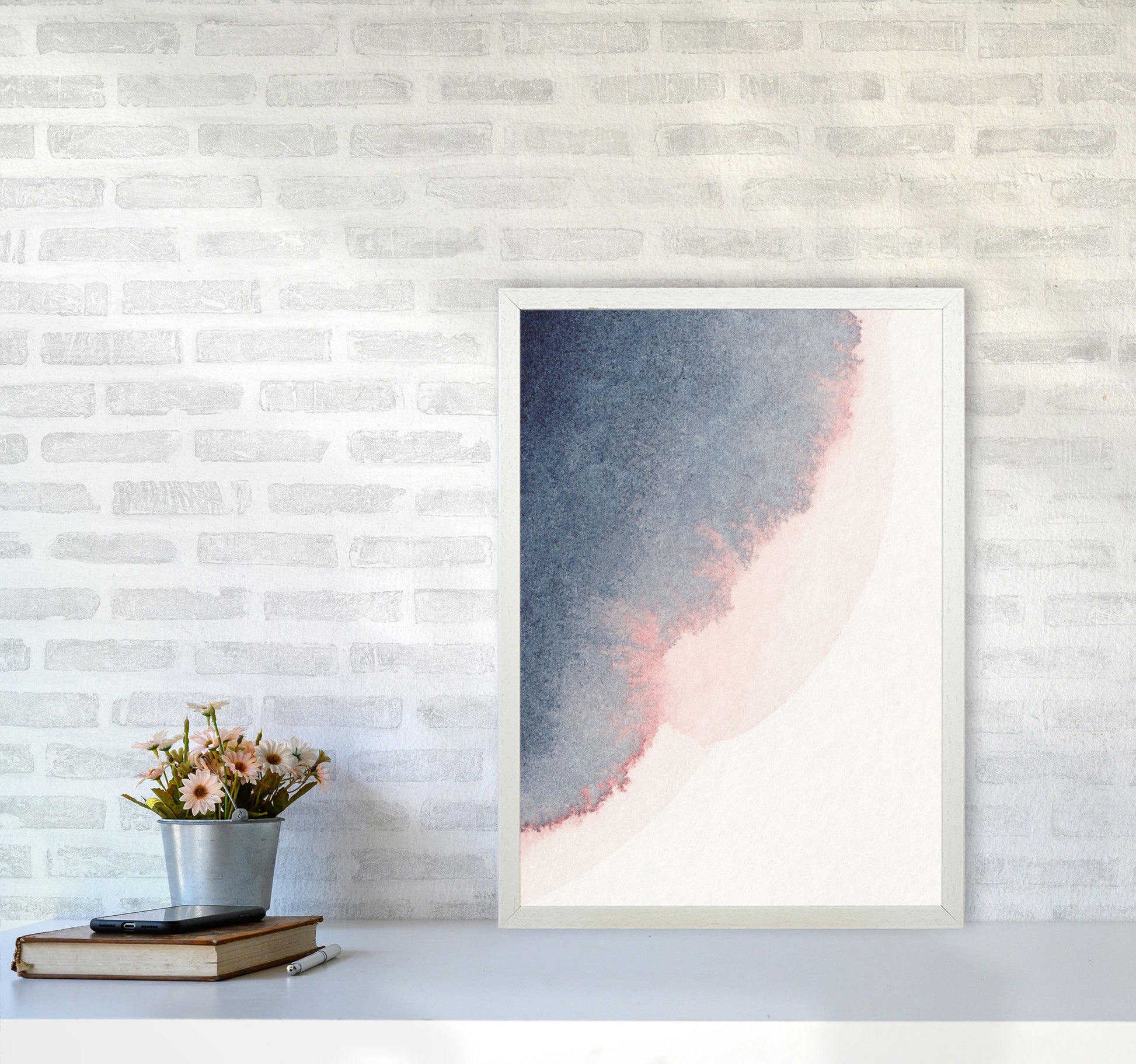 Sand Pink and Navy Watercolour 02 Art Print by Pixy Paper A2 Oak Frame